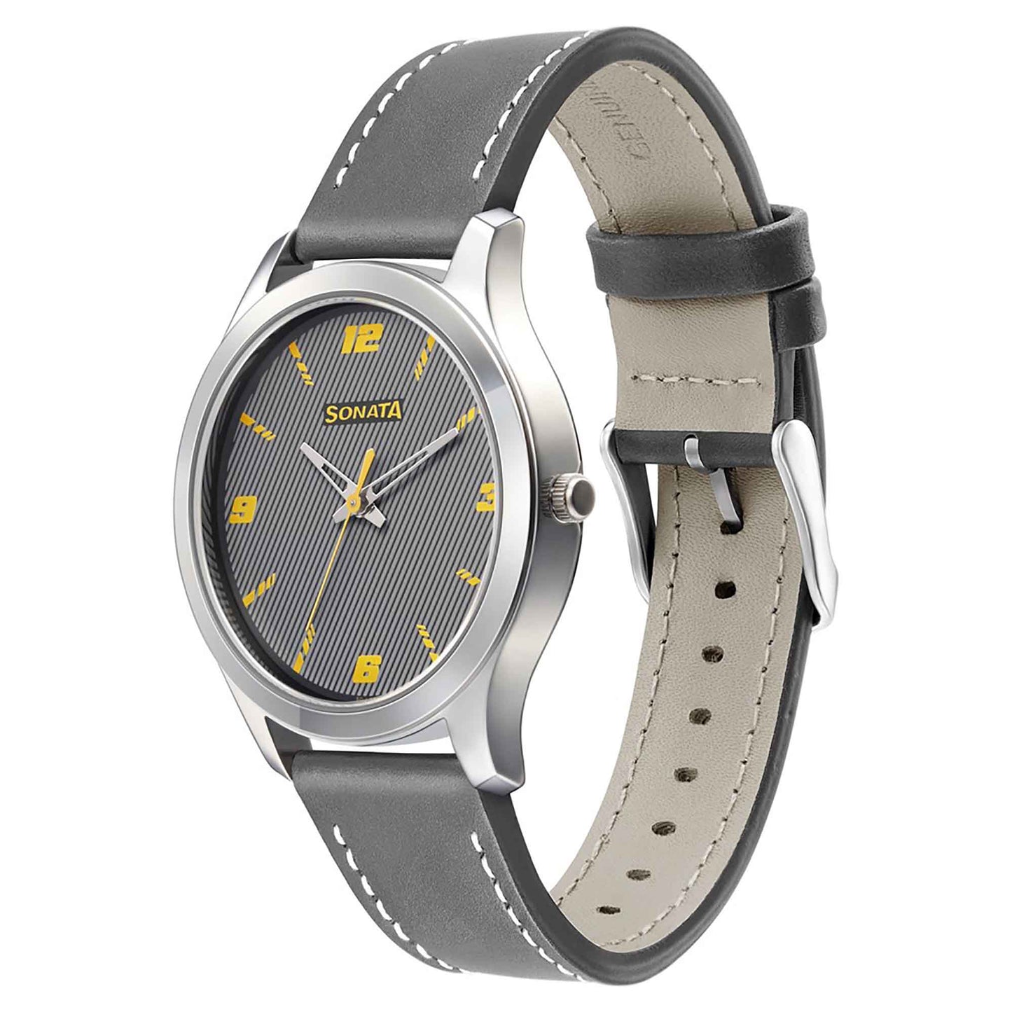 Sonata Quartz Analog Grey Dial Leather Strap Watch for Men