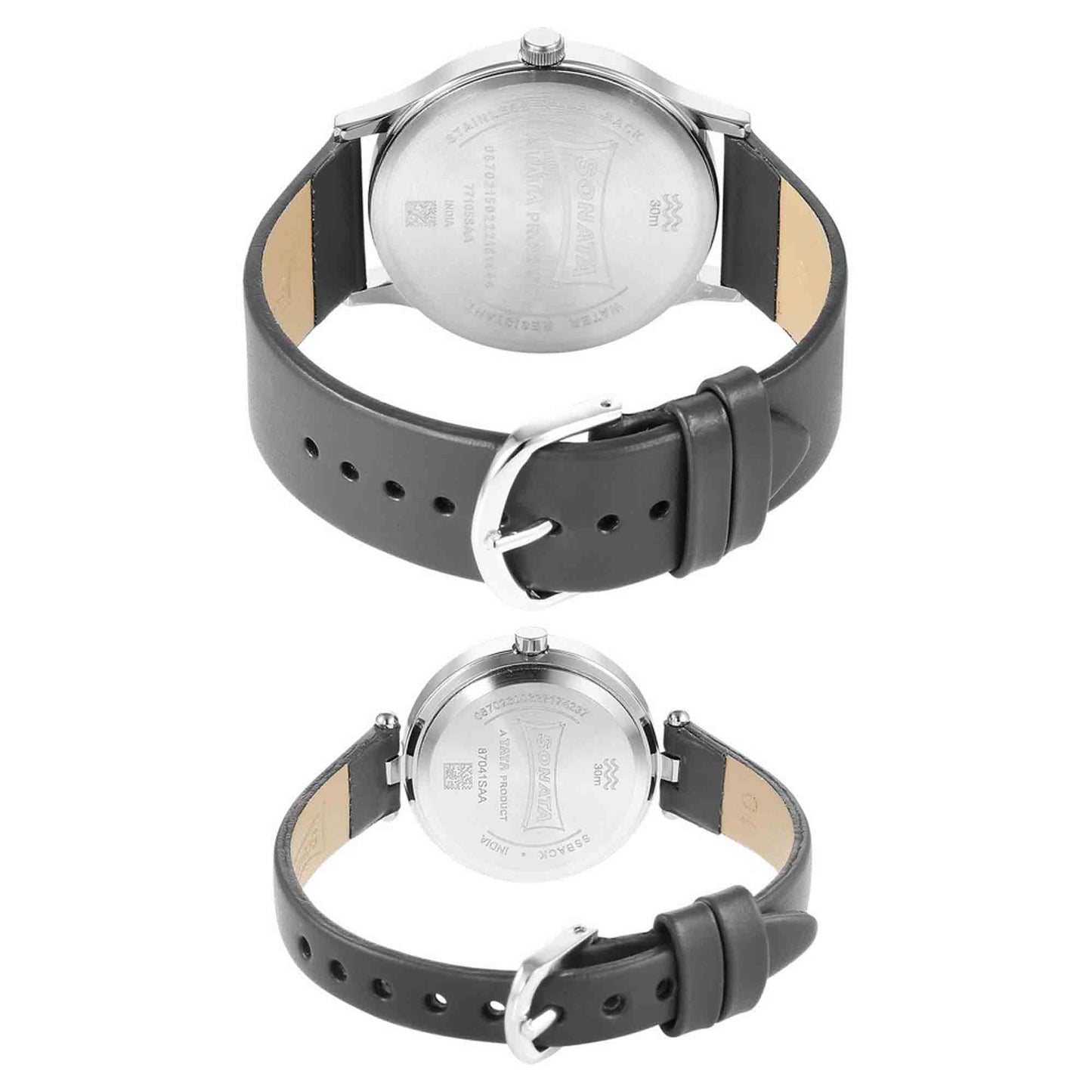 Sonata Quartz Analog Silver Dial Leather Strap Watch for Couple