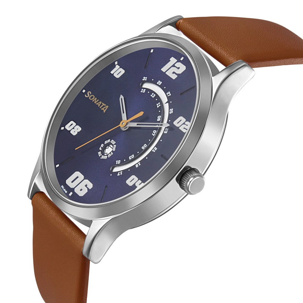 Sonata Quartz Analog with Day and Date Blue Dial Leather Strap Watch for Men