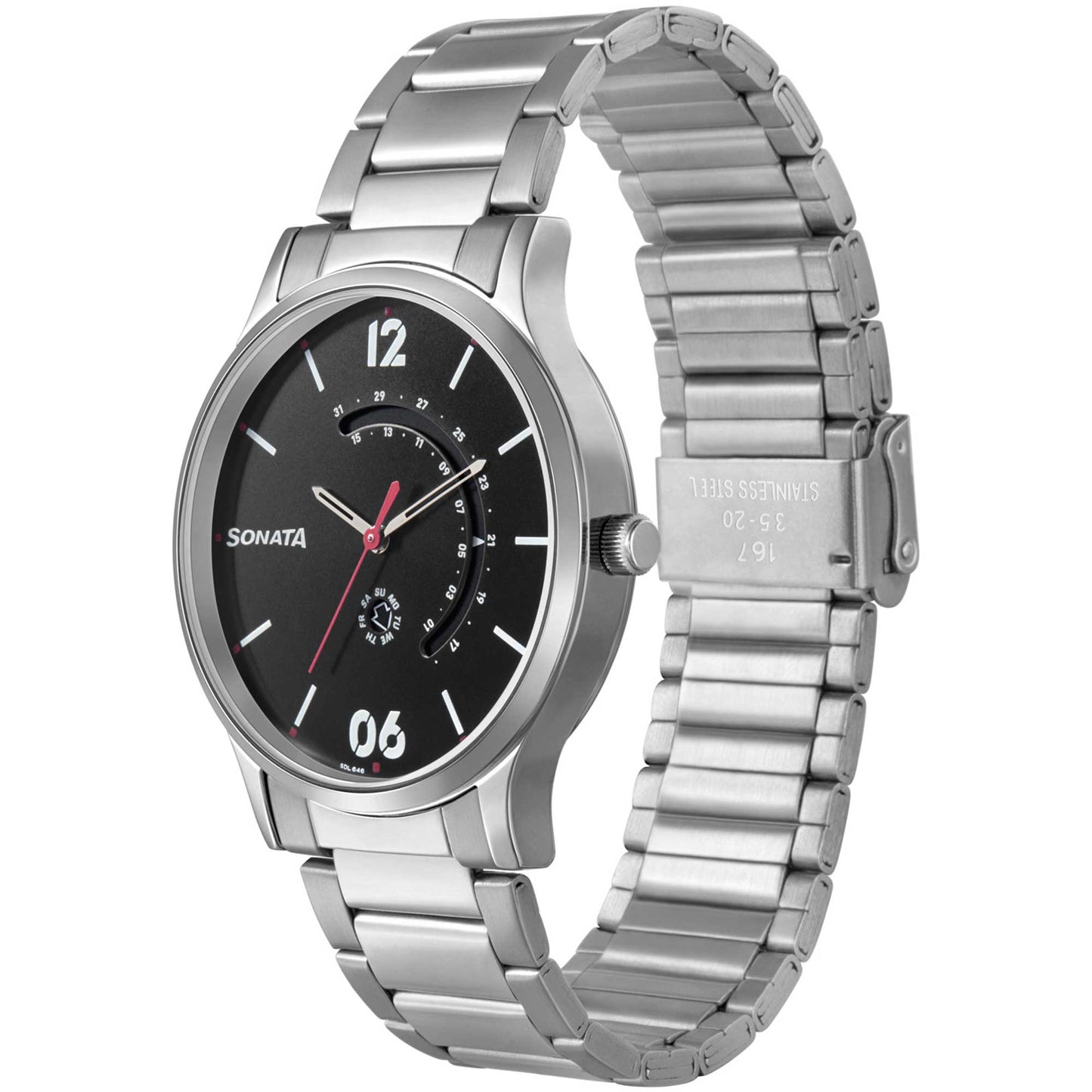 Sonata Quartz Analog with Day and Date Brown Dial Stainless Steel Strap Watch for Men