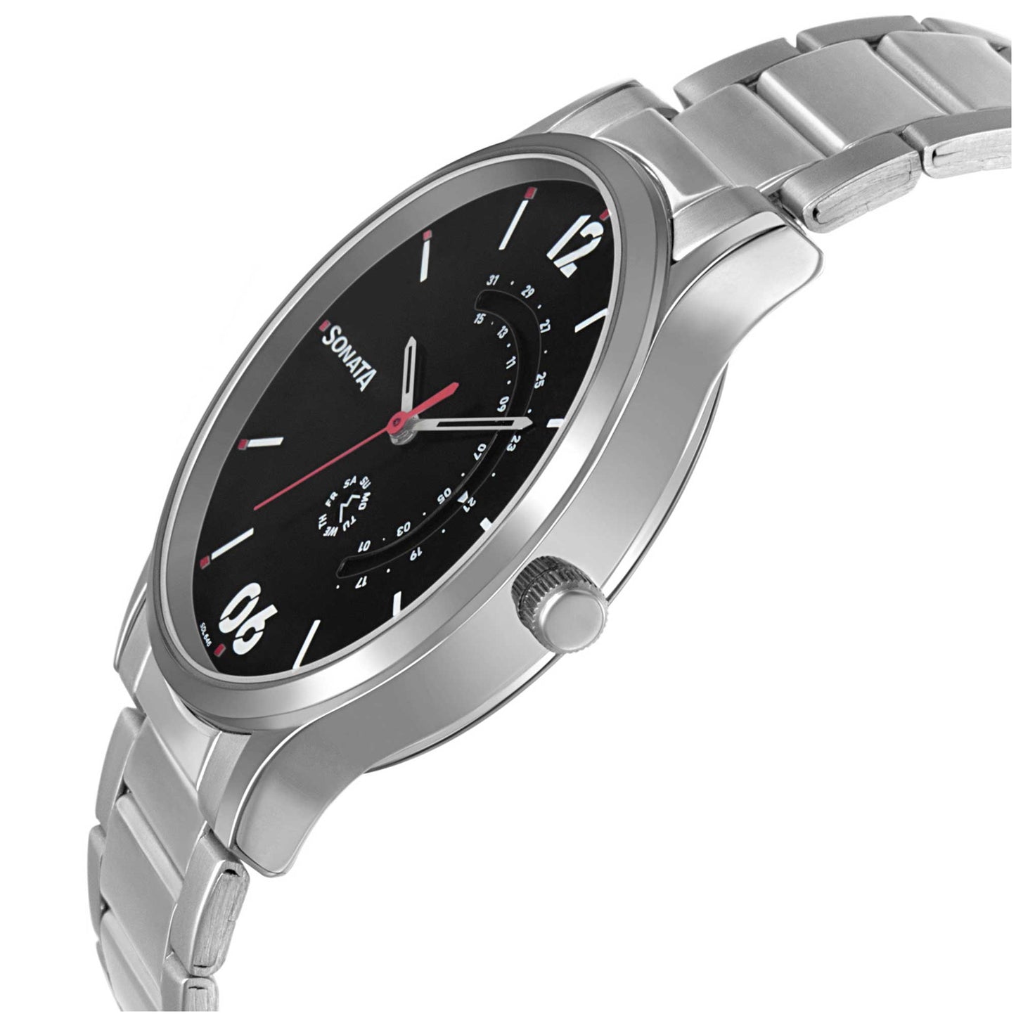 Sonata Quartz Analog with Day and Date Brown Dial Stainless Steel Strap Watch for Men