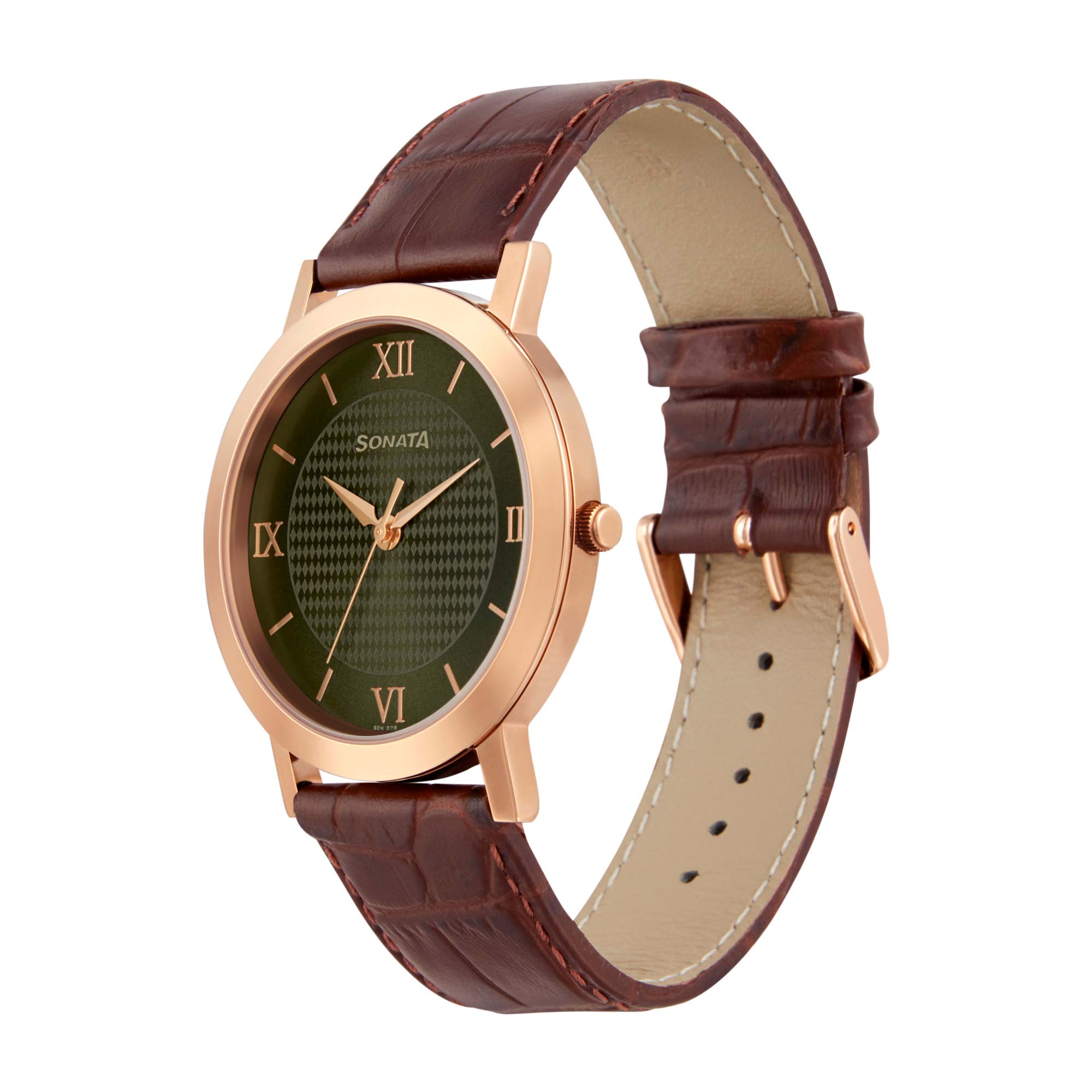 Sonata Quartz Analog Green Dial Leather Strap Watch for Men