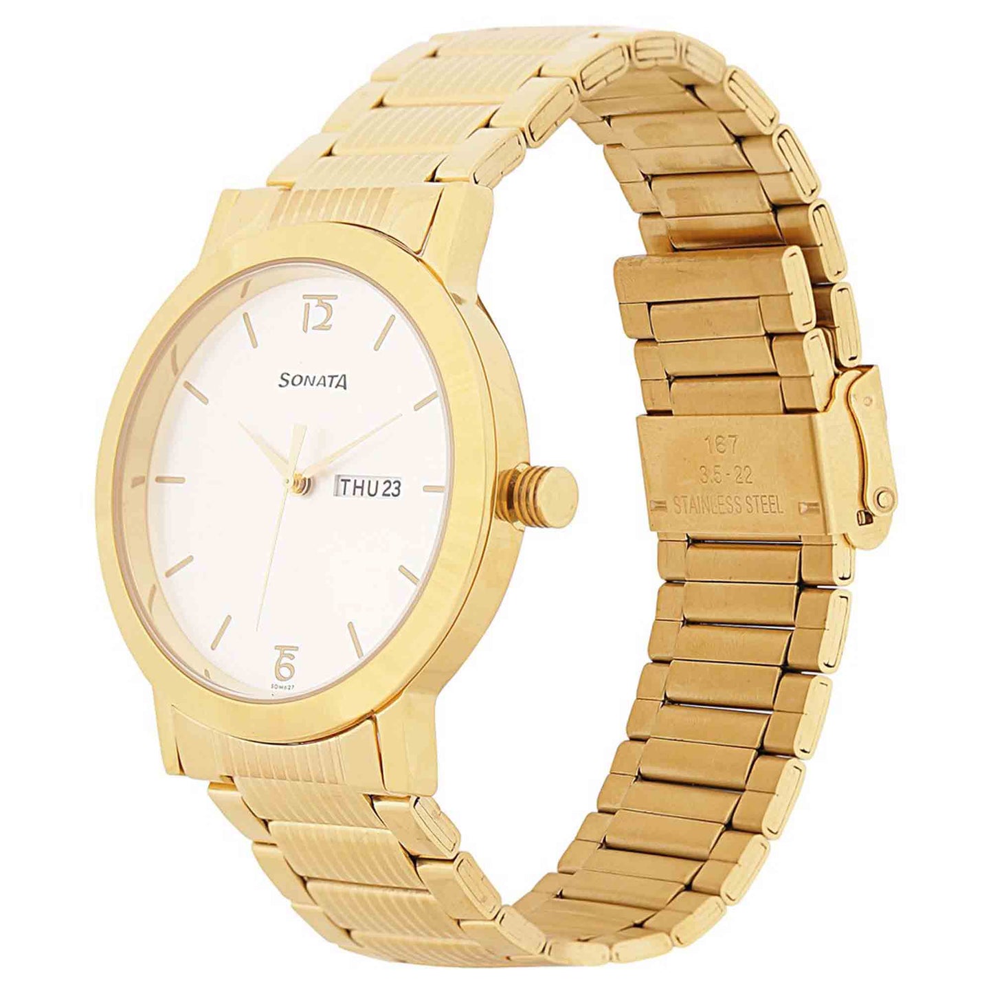Sonata Quartz Analog with Day and Date White Dial Stainless Steel Strap Watch for Men