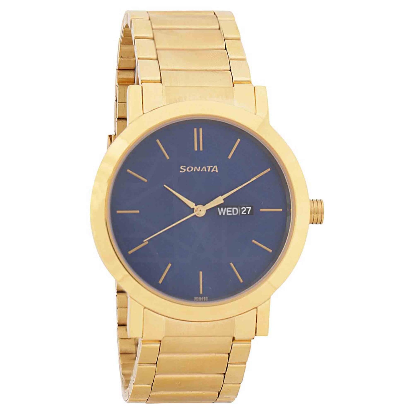 Sonata Quartz Analog with Day and Date Blue Dial Stainless Steel Strap Watch for Men