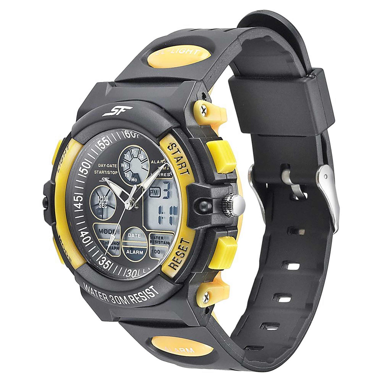 SF Quartz Digital Analog Digital Black Dial PU Strap Watch for Men