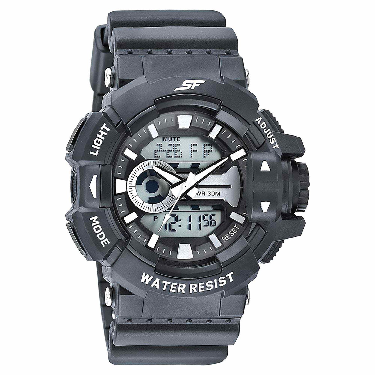 SF Quartz Digital Analog Digital Black Dial PU Strap Watch for Men