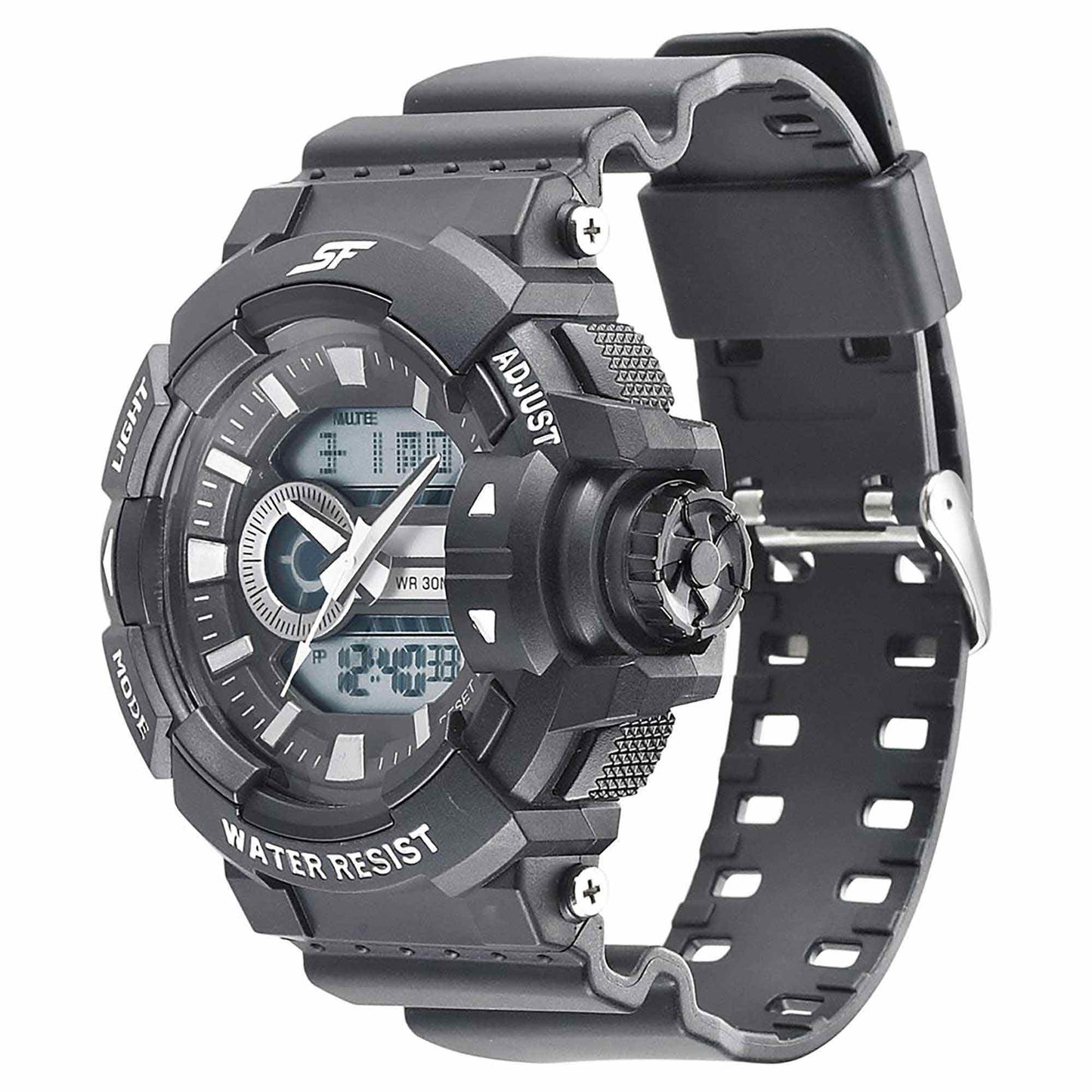 SF Quartz Digital Analog Digital Black Dial PU Strap Watch for Men