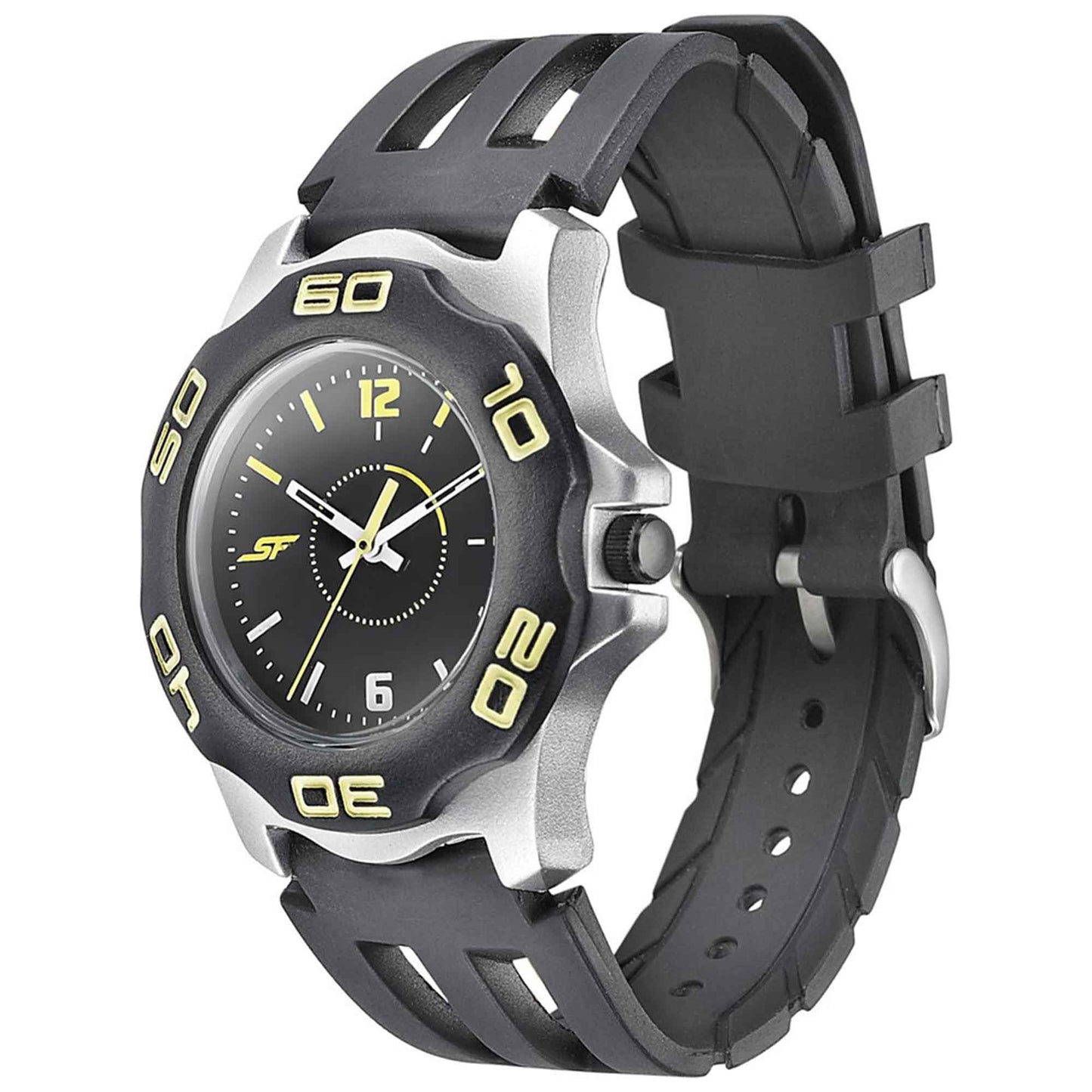 SF Quartz Analog Black Dial PU Strap Watch for Men