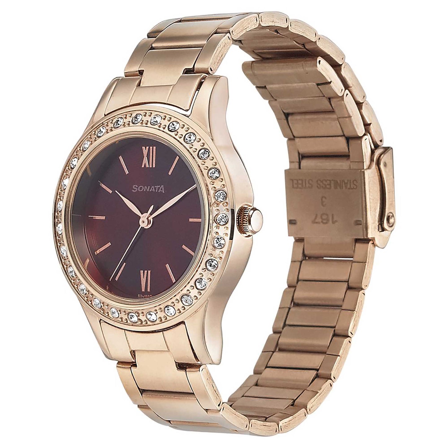 Sonata Blush It Up Maroon Dial Women Watch With Stainless Steel Strap