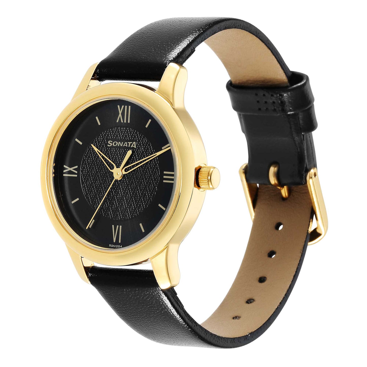 Classic Gold Black Dial Leather Strap Watch for Women