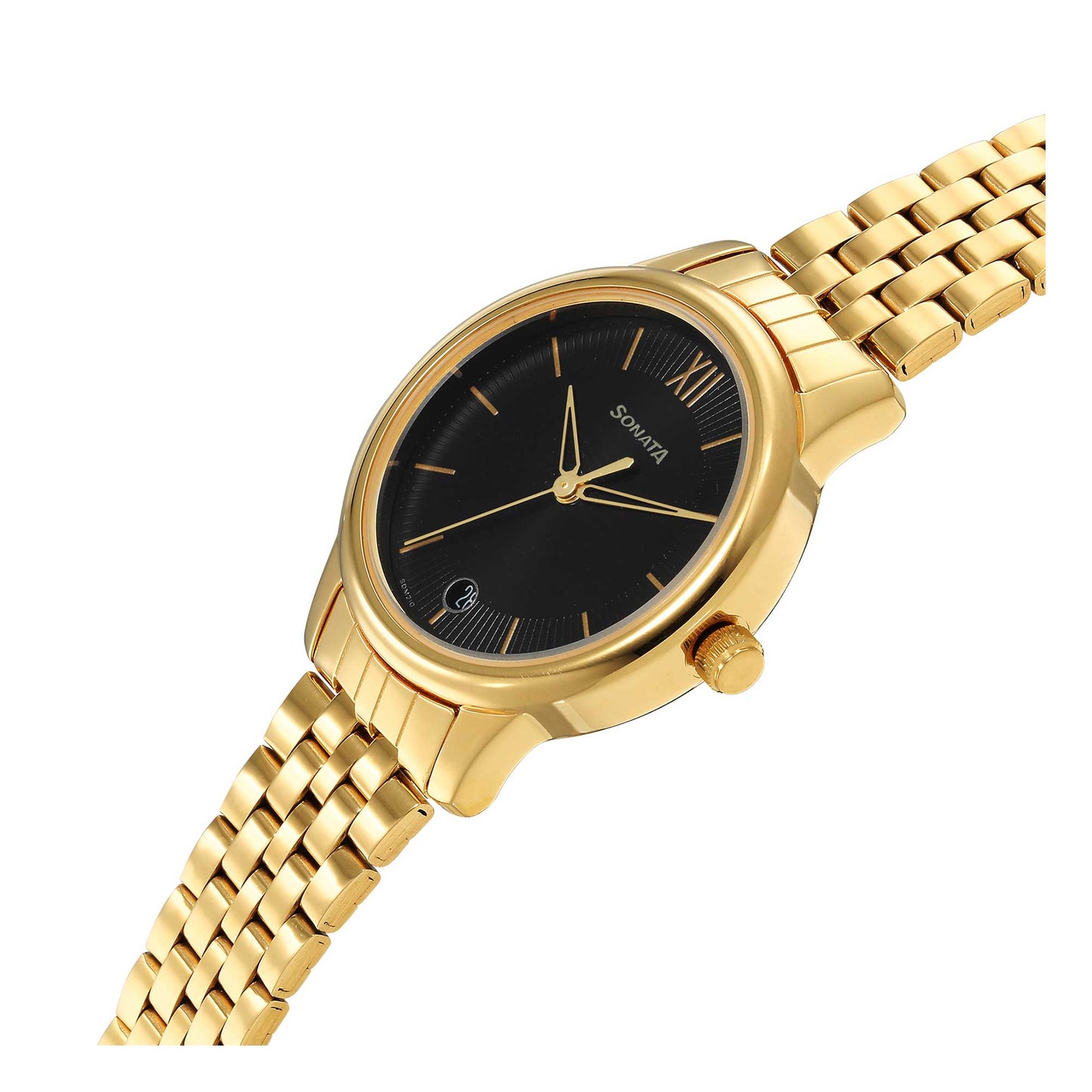 Classic Gold Black Dial Metal Strap Watch for Women