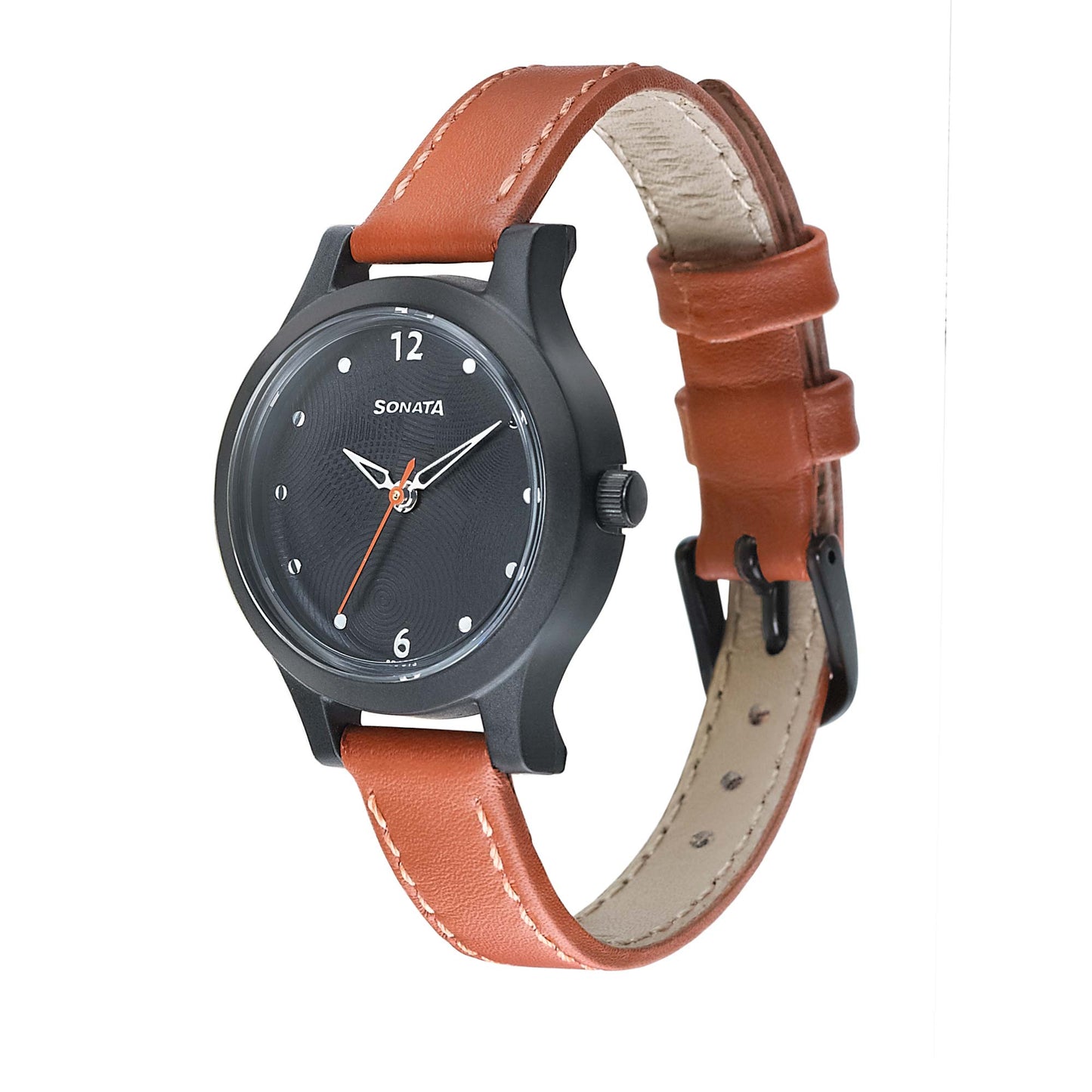 Sonata Essentials Black Dial Women Watch With Leather Strap