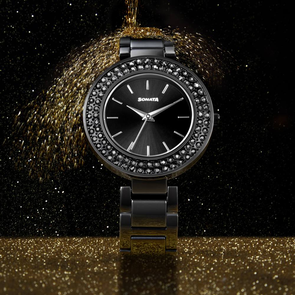 Sonata Blush It Up Black Dial Women Watch With Stainless Steel Strap