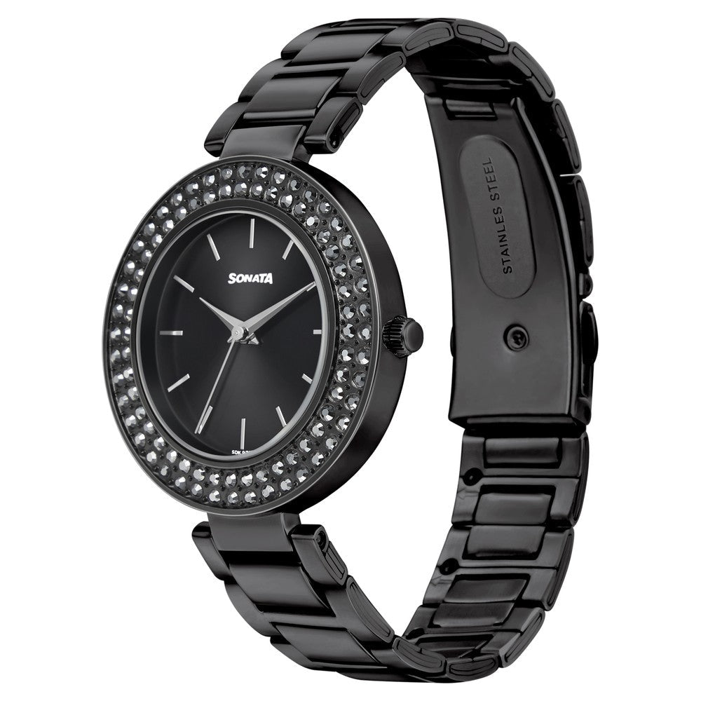 Sonata Blush It Up Black Dial Women Watch With Stainless Steel Strap