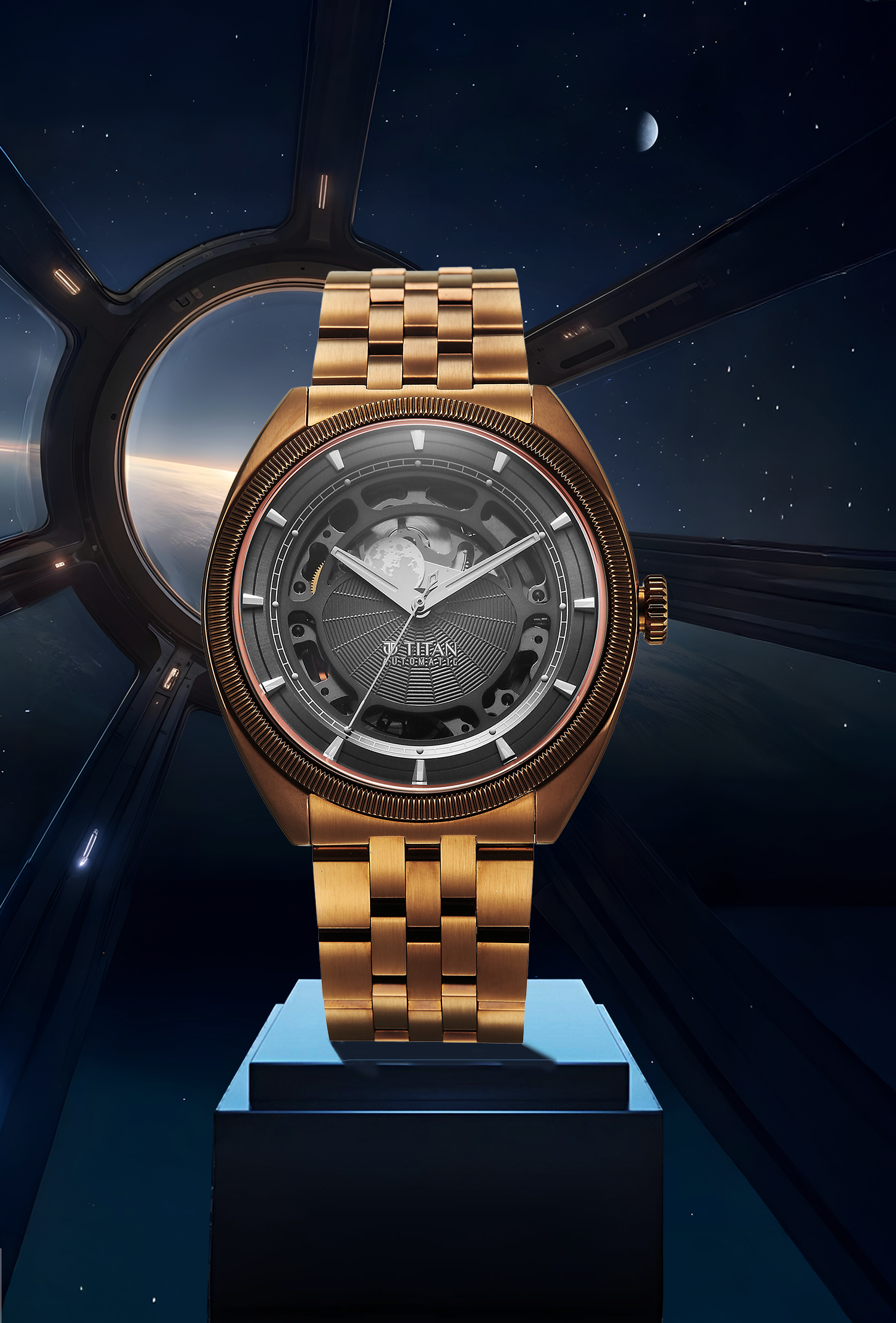 Titan Stellar Cupola Analog with Sun Moon Disc Grey Dial Automatic Watch