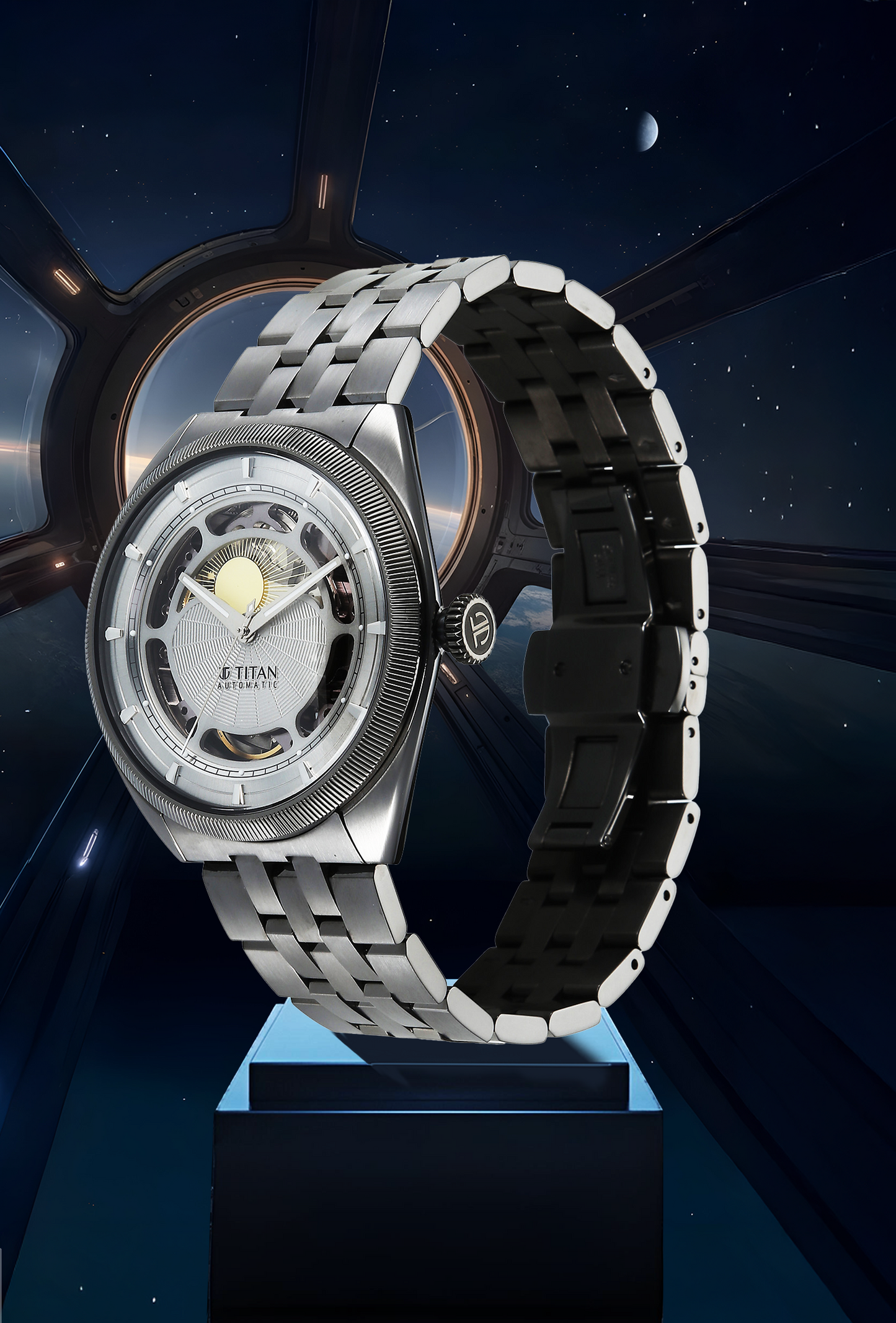 Titan Stellar Cupola Analog with Sun Moon Disc Silver Dial Automatic Watch