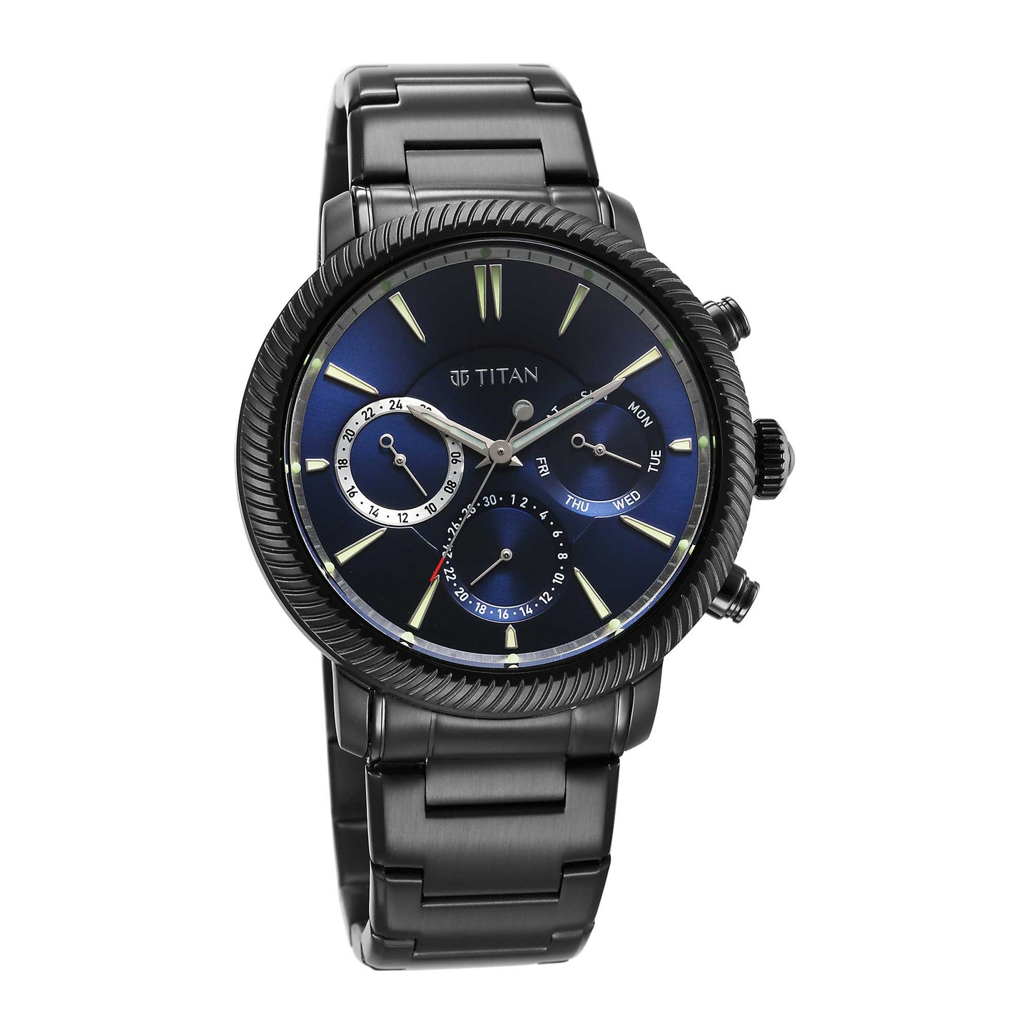 Titan Stellar Quartz Multifunction Blue Dial Stainless Steel Strap Watch for Men