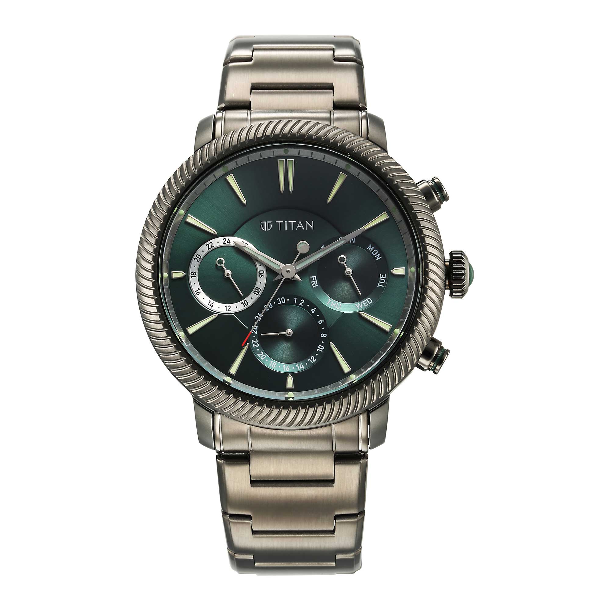 Titan Stellar Quartz Multifunction Green Dial Stainless Steel Strap Watch for Men