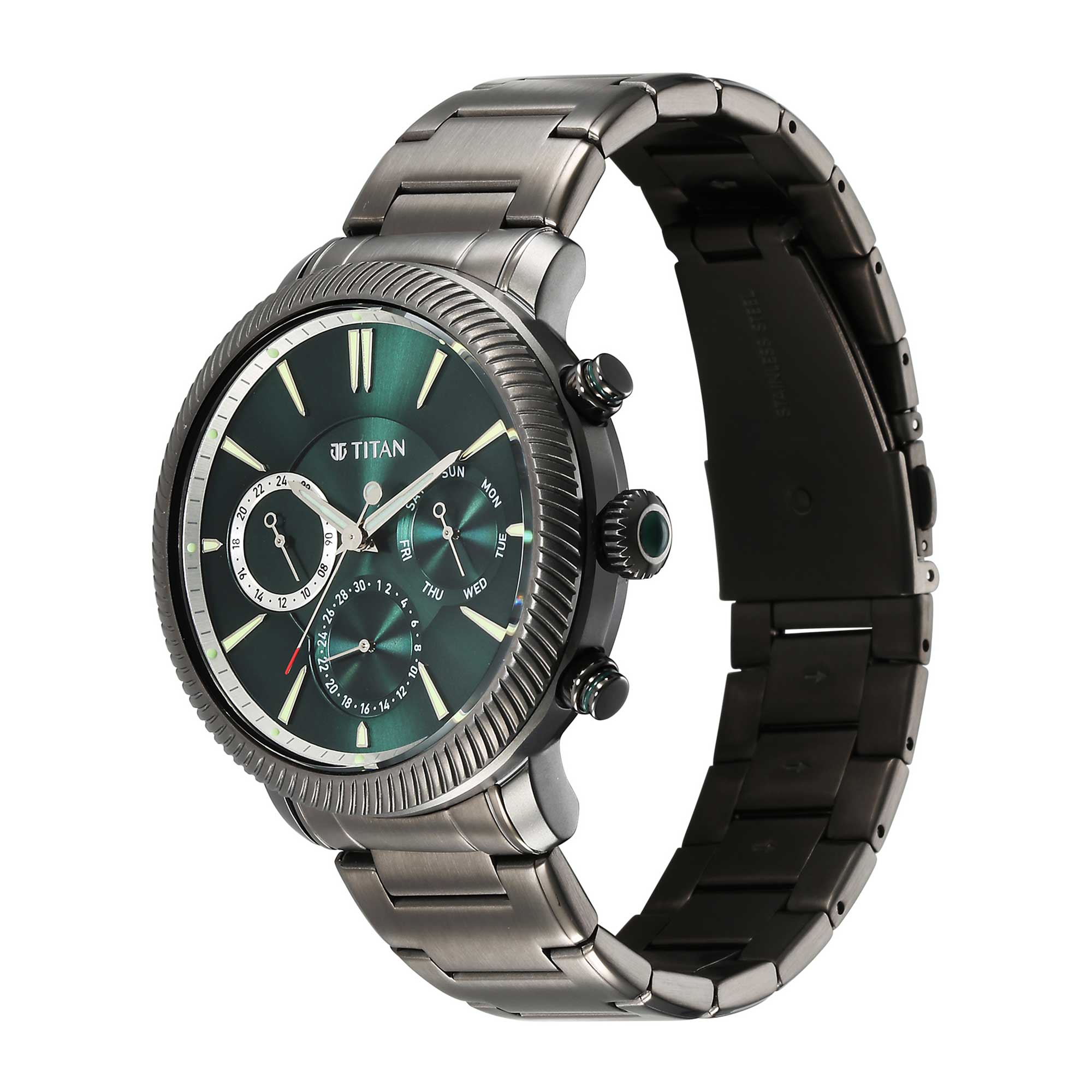 Titan Stellar Quartz Multifunction Green Dial Stainless Steel Strap Watch for Men