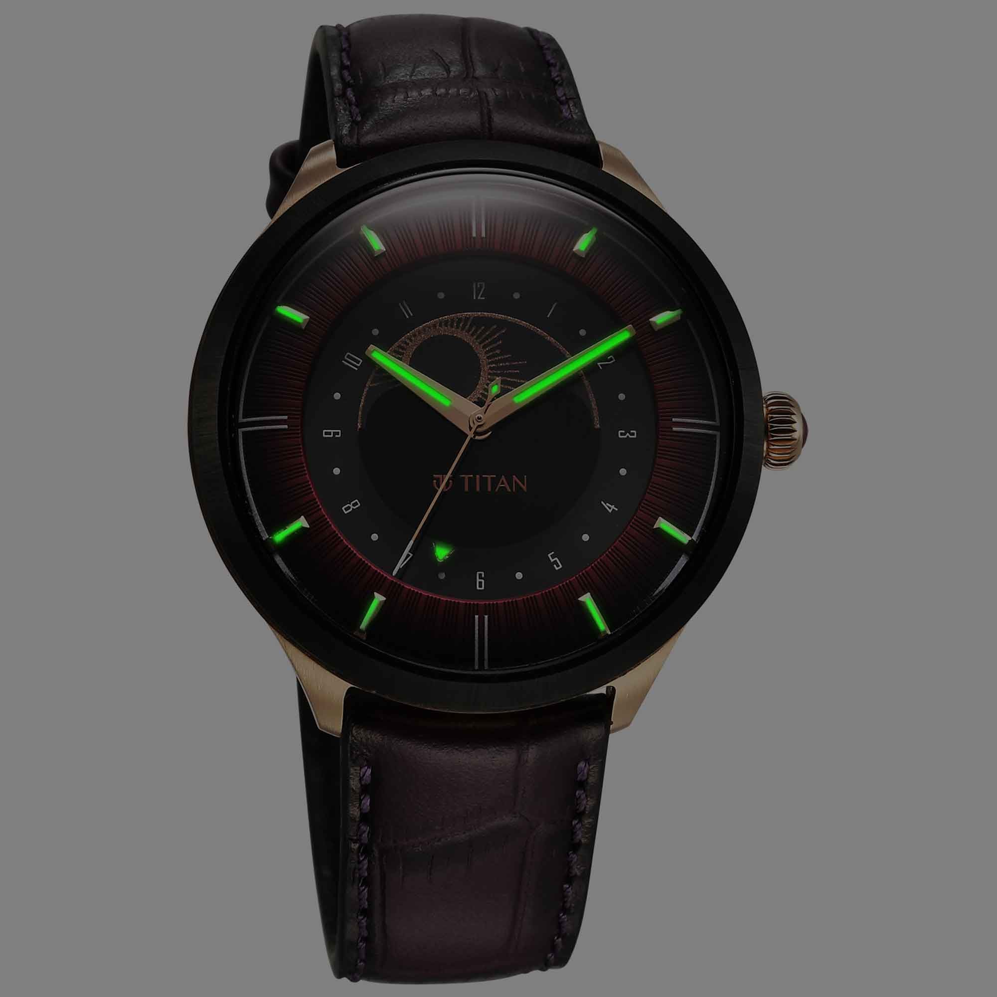 Titan Stellar Caleum Sun Moon Disc Red Dial Analog Watch