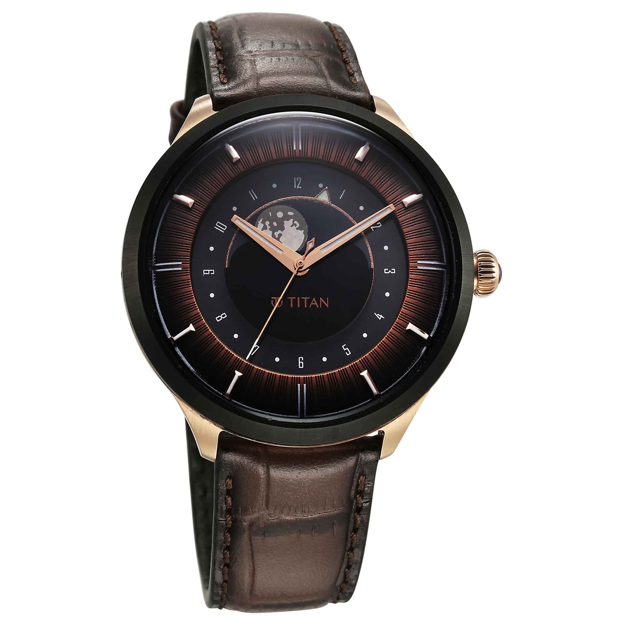 Titan Stellar Luna Sun Moon Phase Brown Dial Watch
