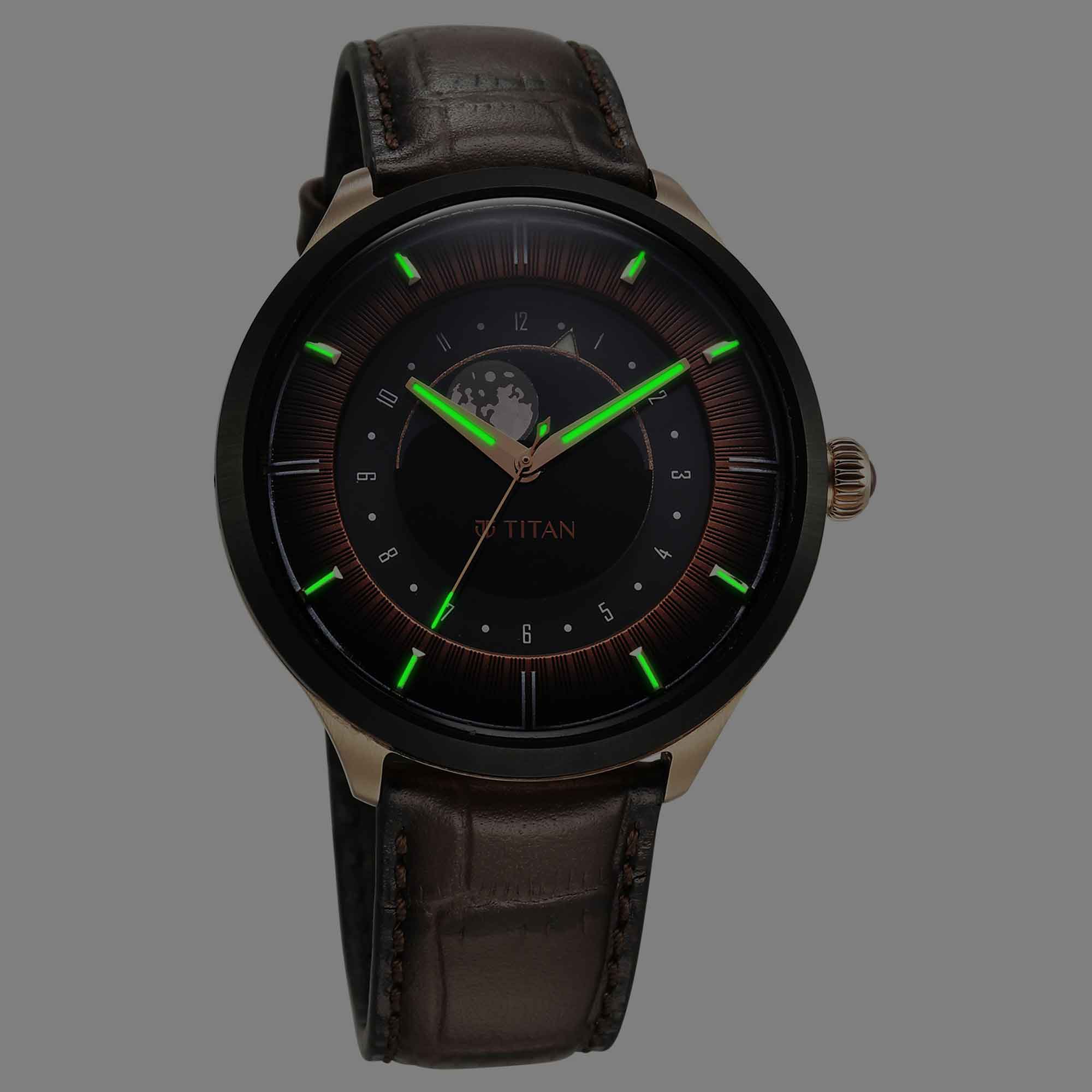 Titan Stellar Luna Sun Moon Phase Brown Dial Watch