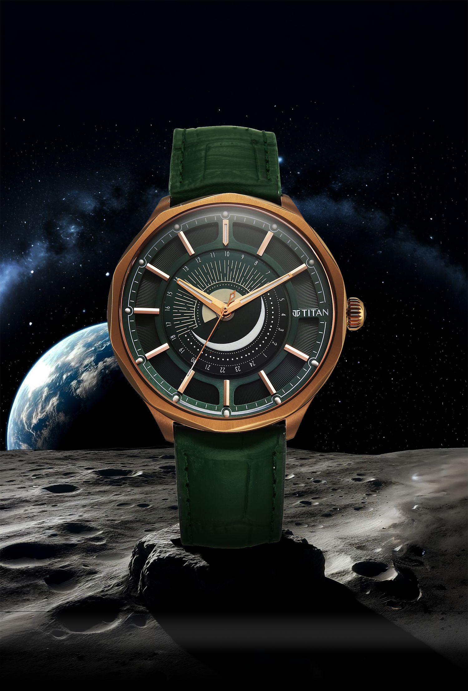 Titan Stellar Analog with Sun Moon Disc Green Dial Watch