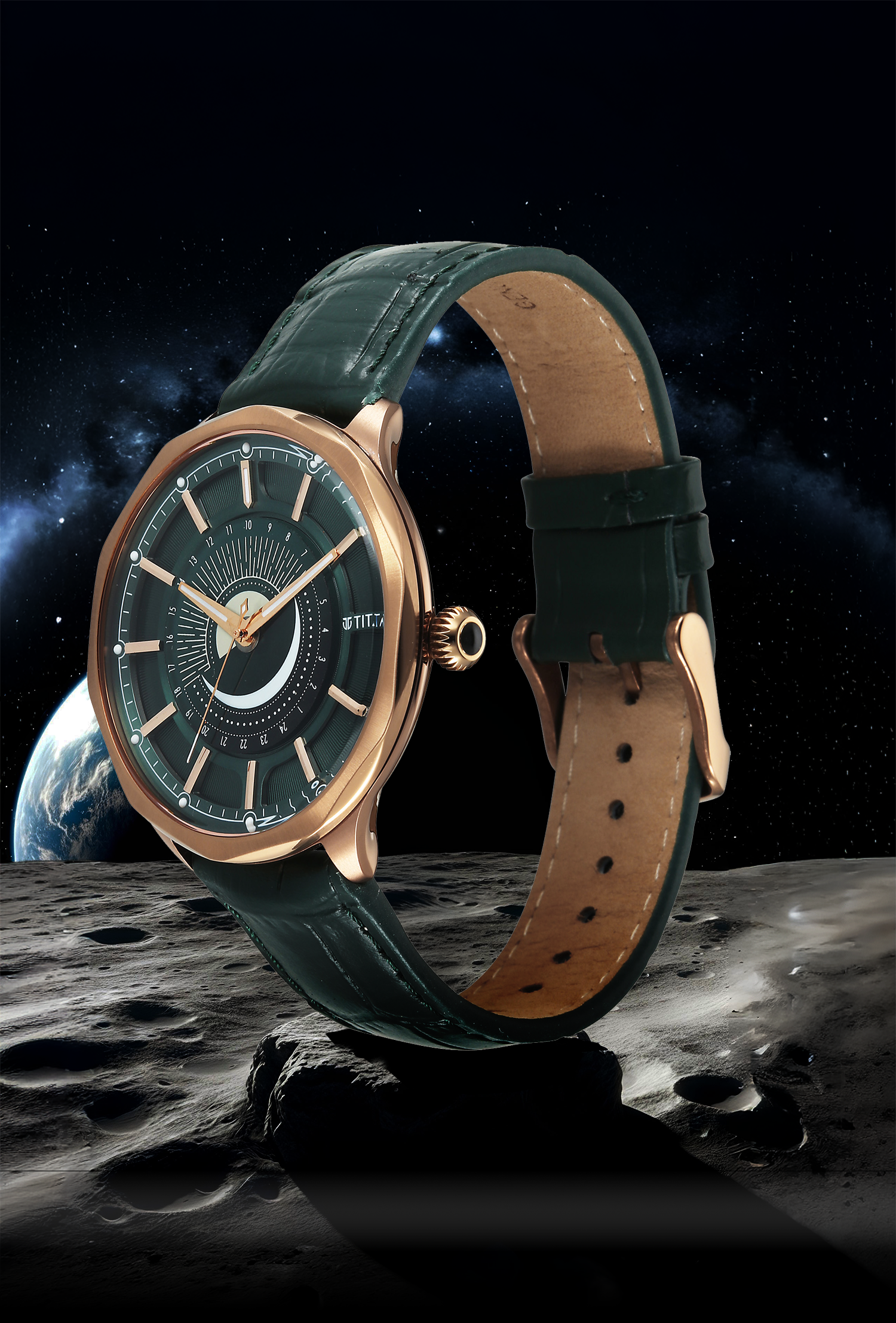 Titan Stellar Analog with Sun Moon Disc Green Dial Watch