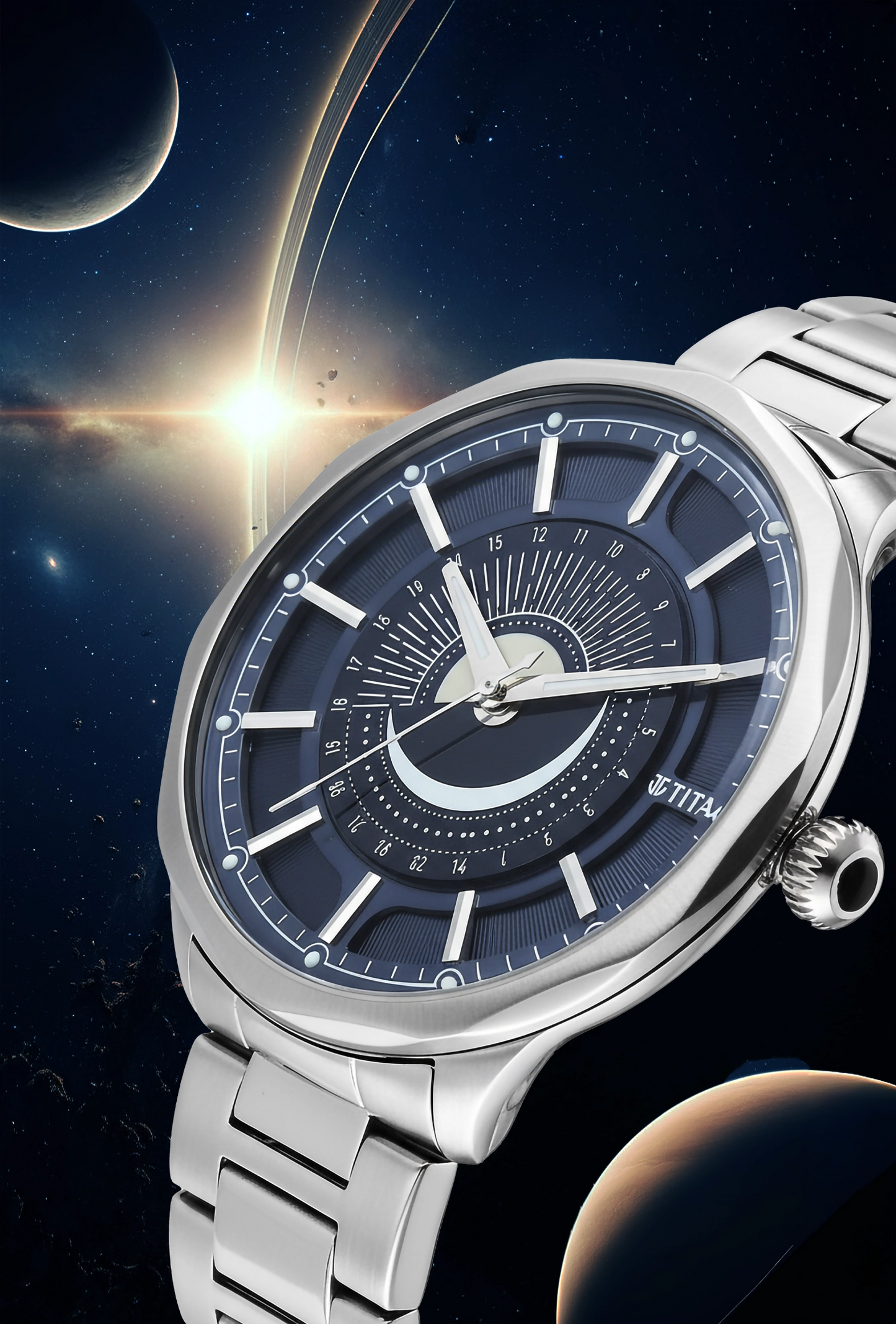 Titan Stellar Sun Moon Disc Blue Dial Watch