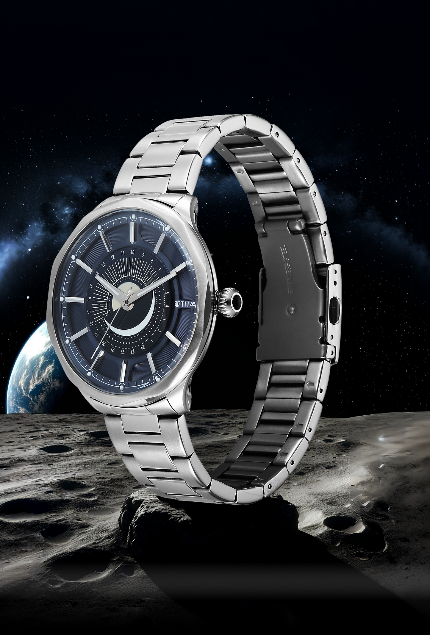 Titan Stellar Sun Moon Disc Blue Dial Watch