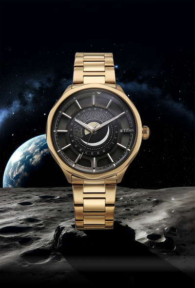 Titan Stellar Analog with Sun Moon Disc Black Dial Watch