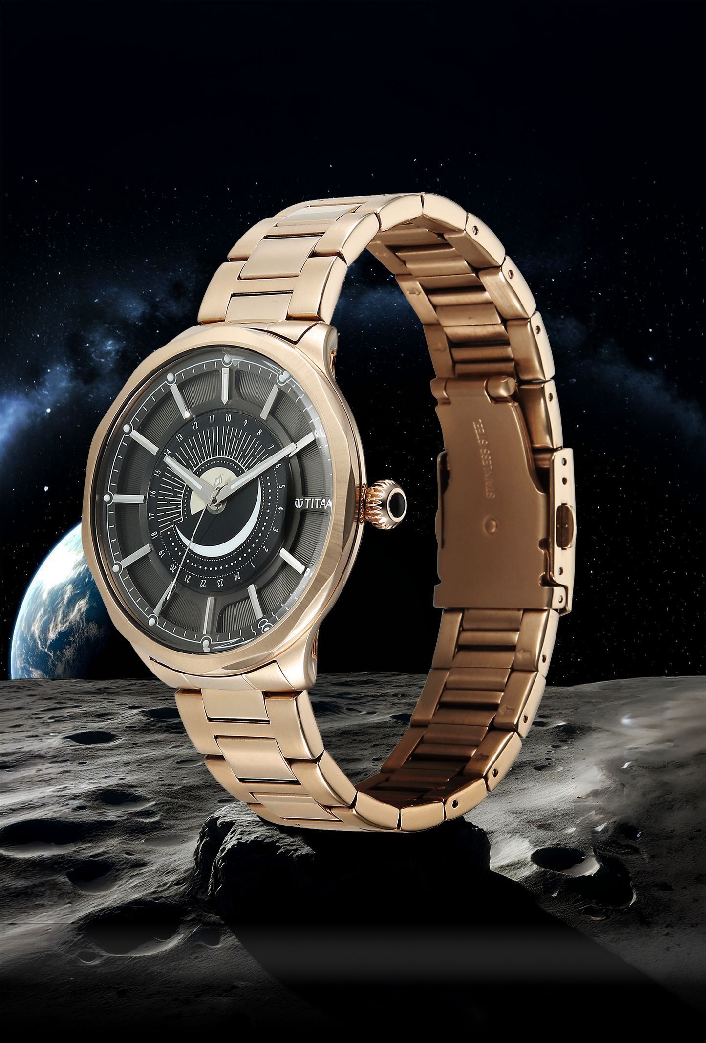Titan Stellar Analog with Sun Moon Disc Black Dial Watch