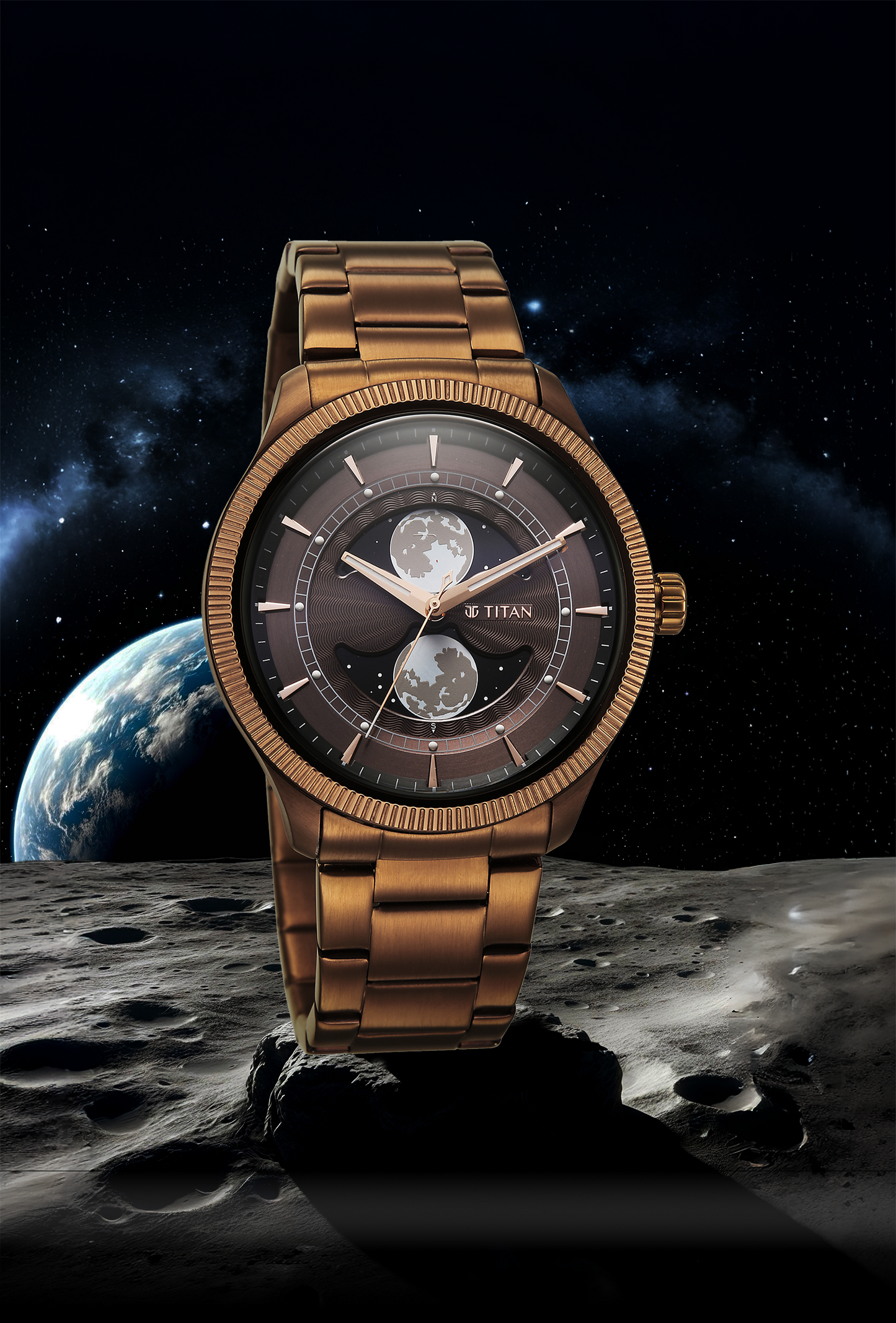 Titan Stellar Analog with Dual Moon Phase Brown Dial Watch