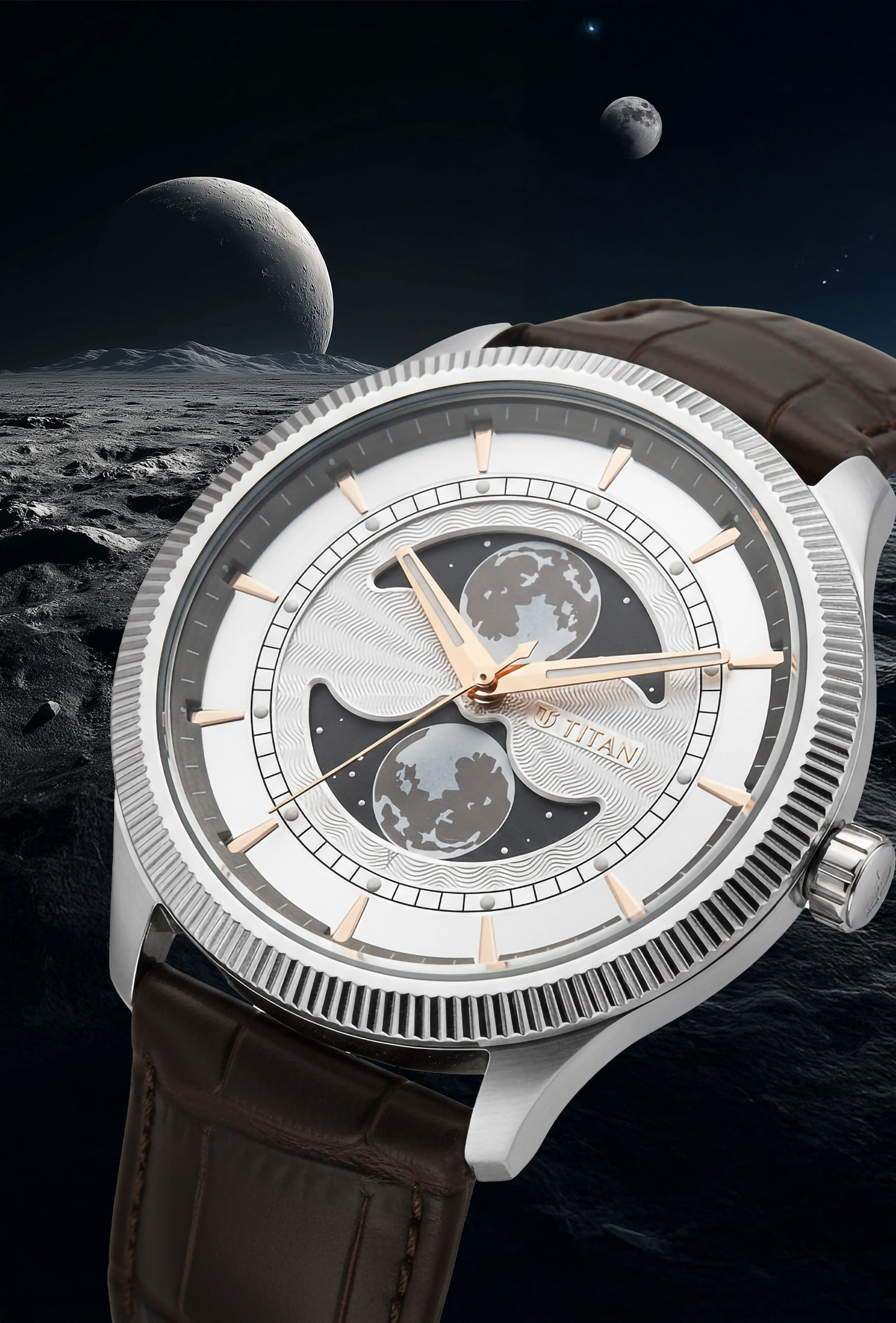 Titan Stellar Analog with Dual Moon Phase Silver Dial Watch