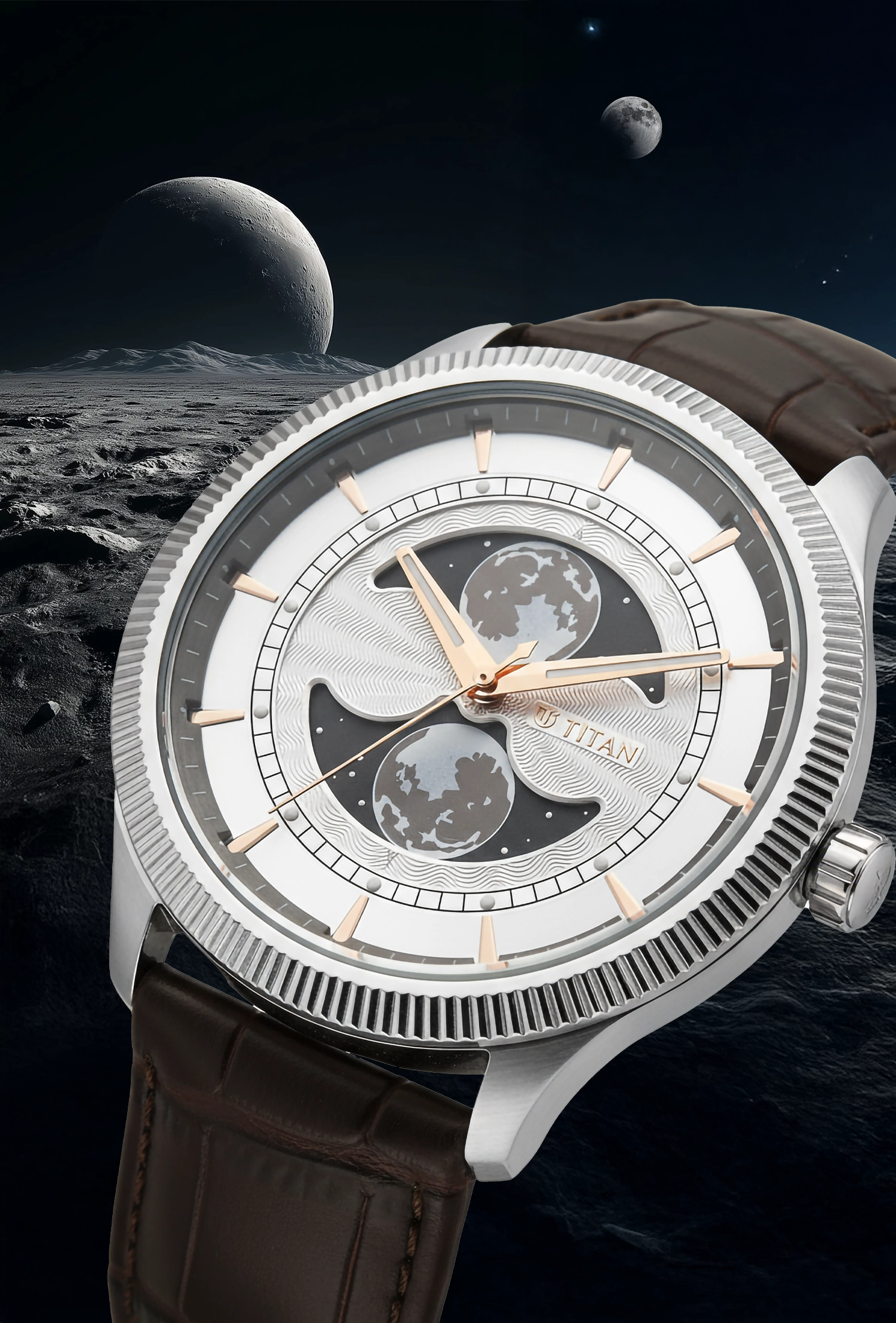 Titan Stellar Analog with Dual Moon Phase Silver Dial Watch