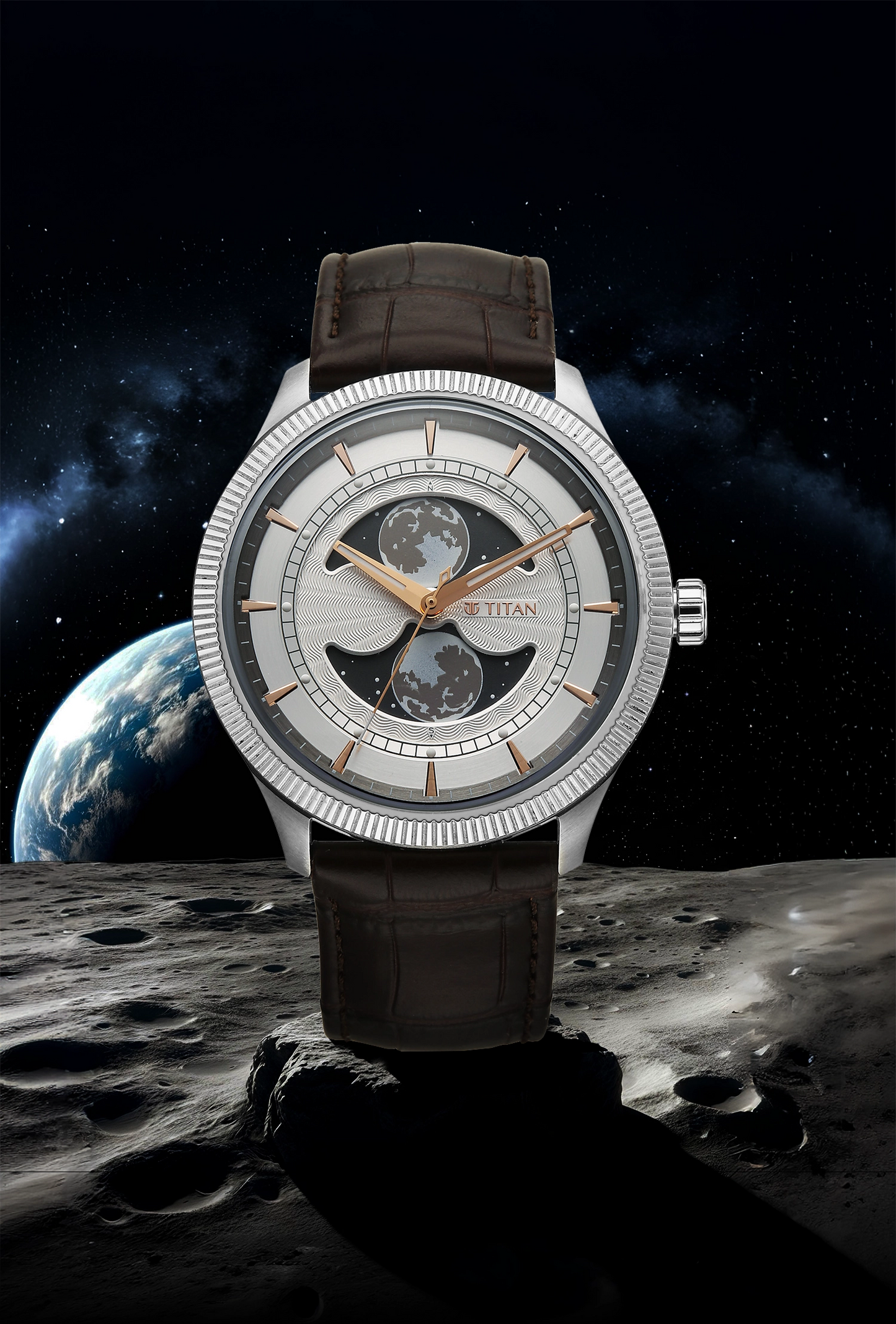 Titan Stellar Analog with Dual Moon Phase Silver Dial Watch