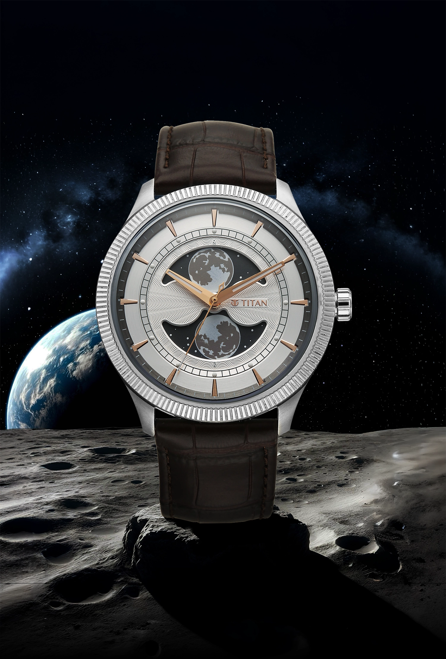 Titan Stellar Analog with Dual Moon Phase Silver Dial Watch