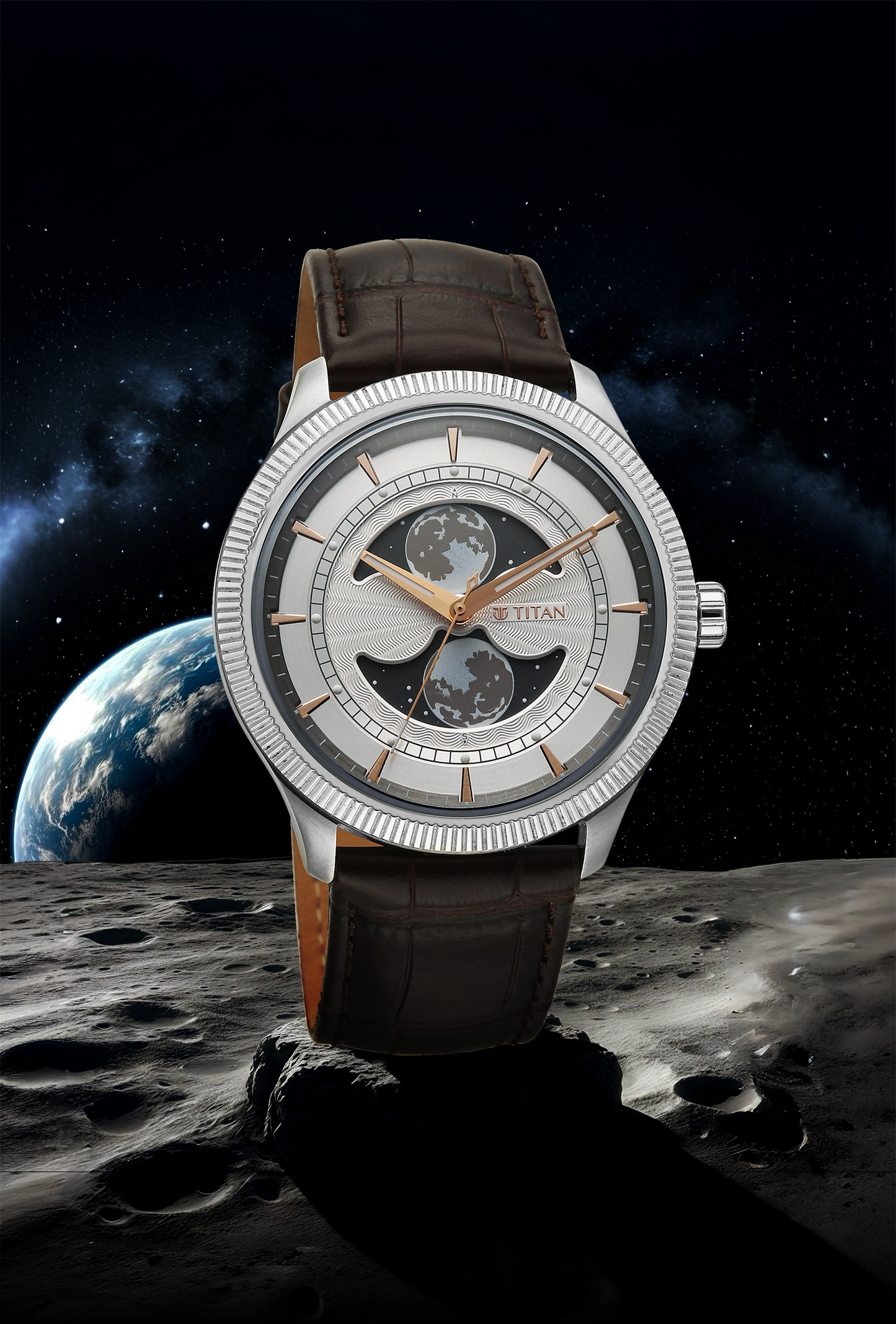 Titan Stellar Analog with Dual Moon Phase Silver Dial Watch