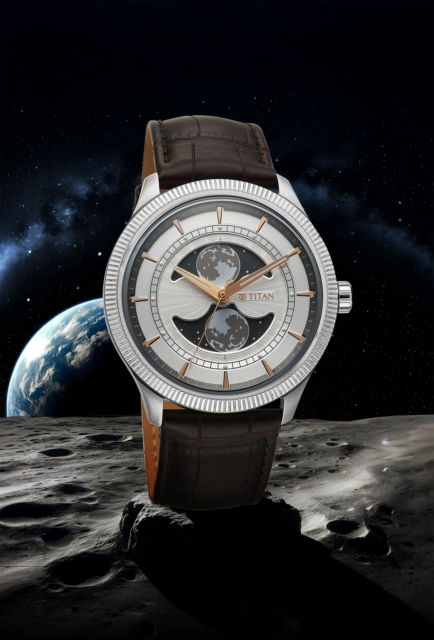 Titan Stellar Analog with Dual Moon Phase Silver Dial Watch