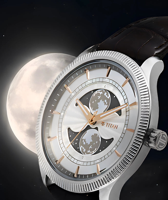 Titan Stellar Analog with Dual Moon Phase Silver Dial Watch
