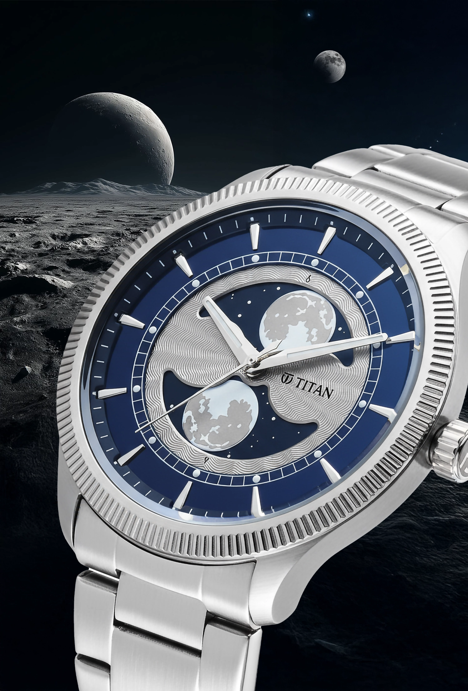 Titan Stellar Analog with Dual Moon Blue Phase Dial Watch