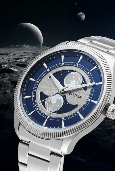 Titan Stellar Analog with Dual Moon Blue Phase Dial Watch