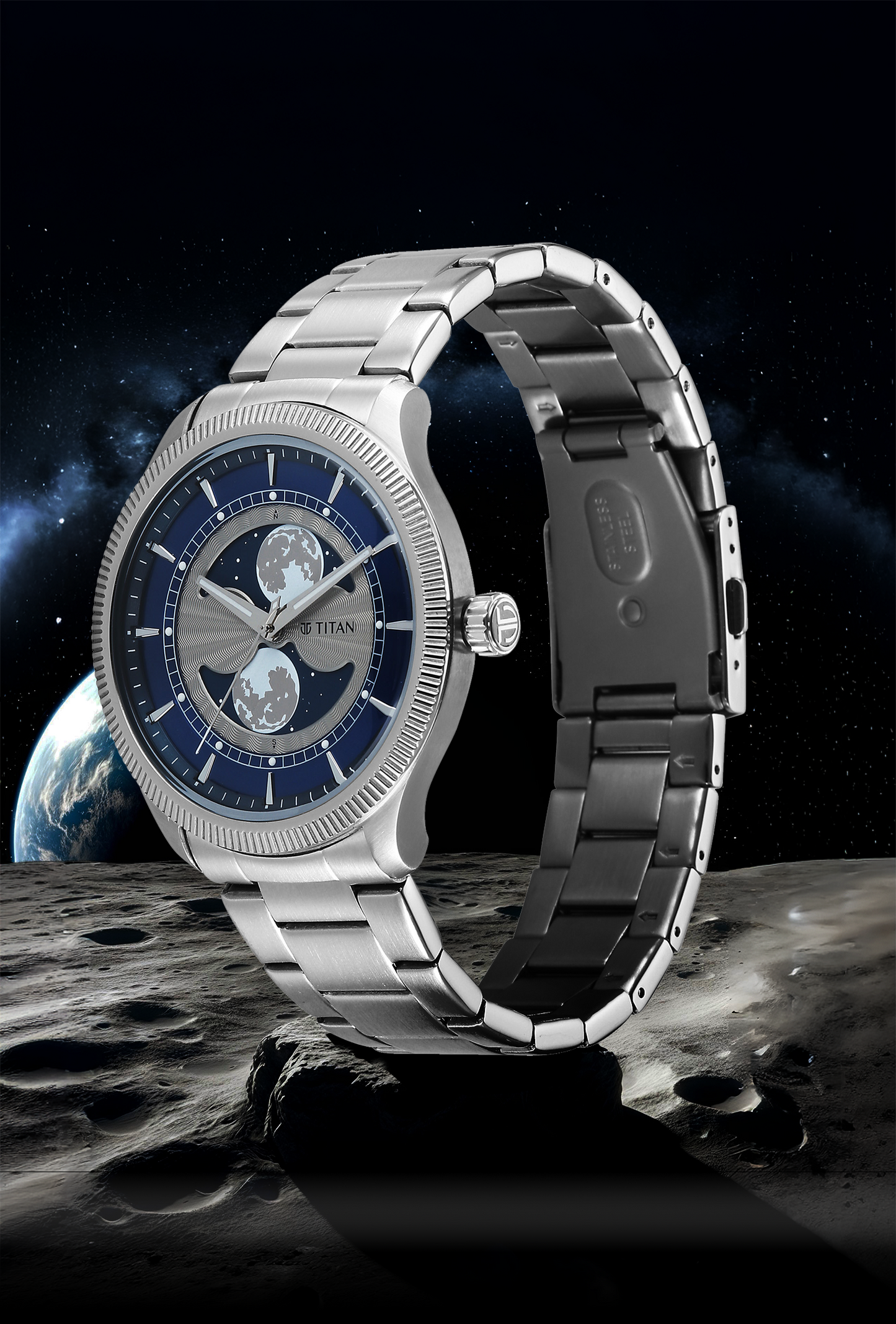 Titan Stellar Analog with Dual Moon Blue Phase Dial Watch