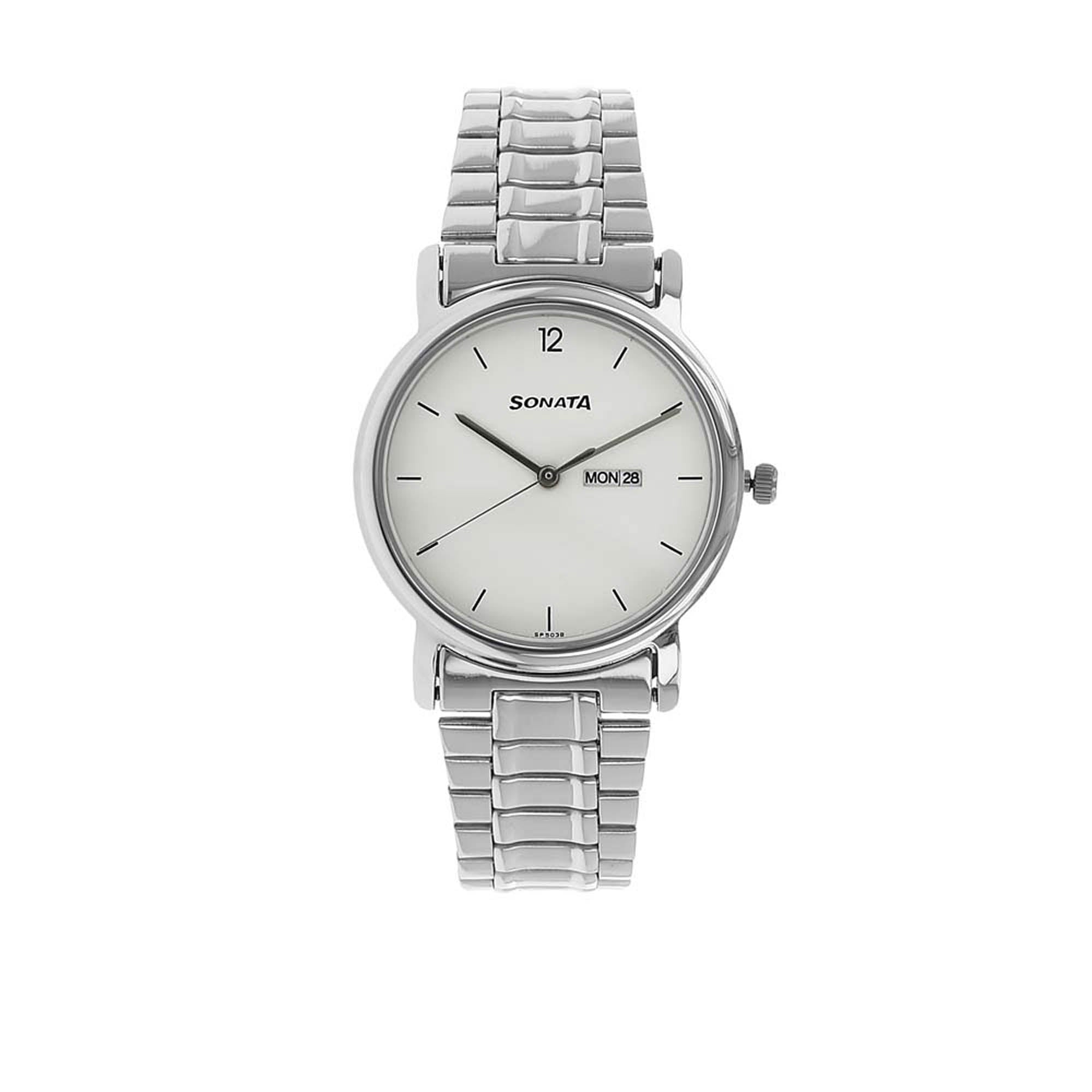 Sonata Quartz Analog with Day and Date White Dial Stainless Steel Strap Watch for Men