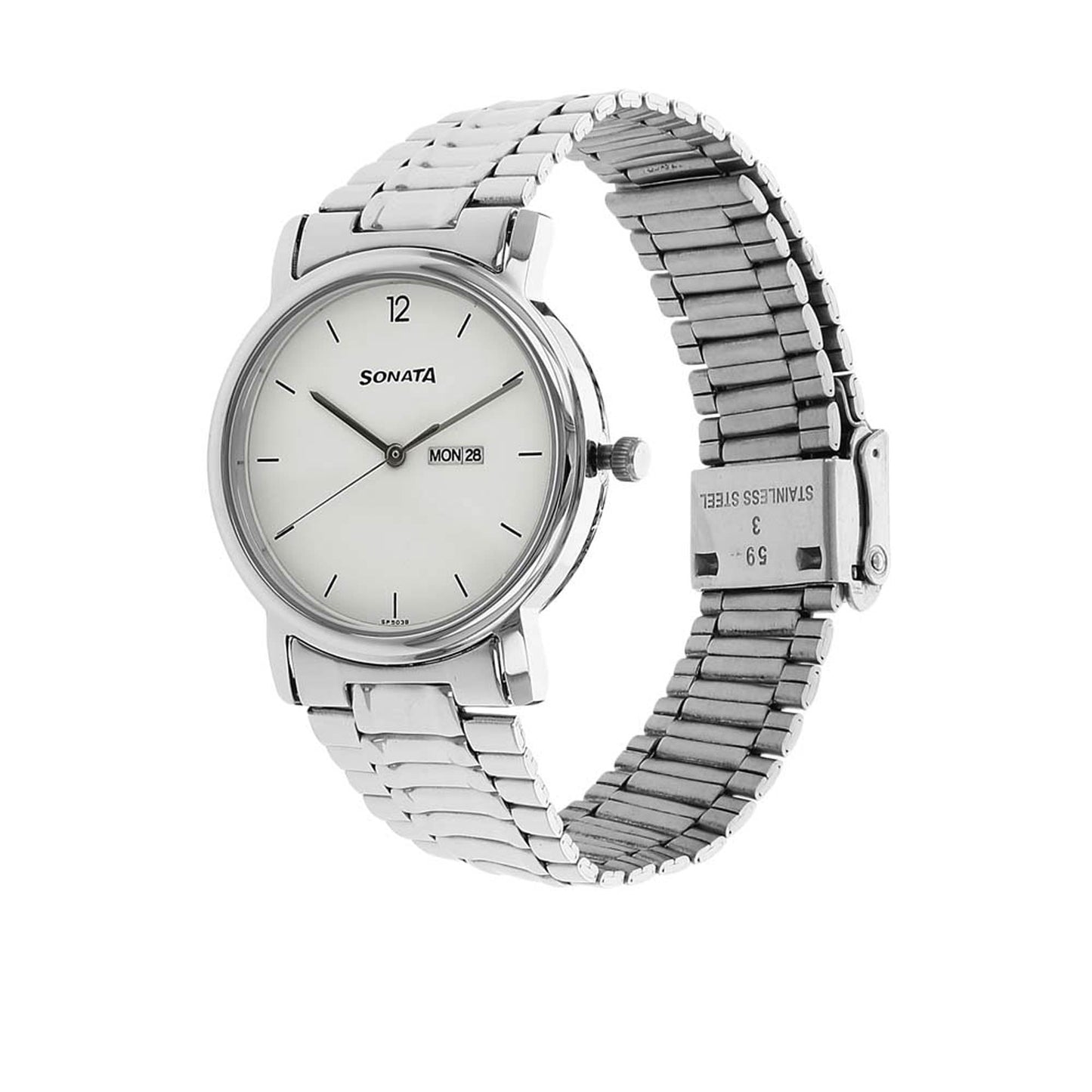 Sonata Quartz Analog with Day and Date White Dial Stainless Steel Strap Watch for Men