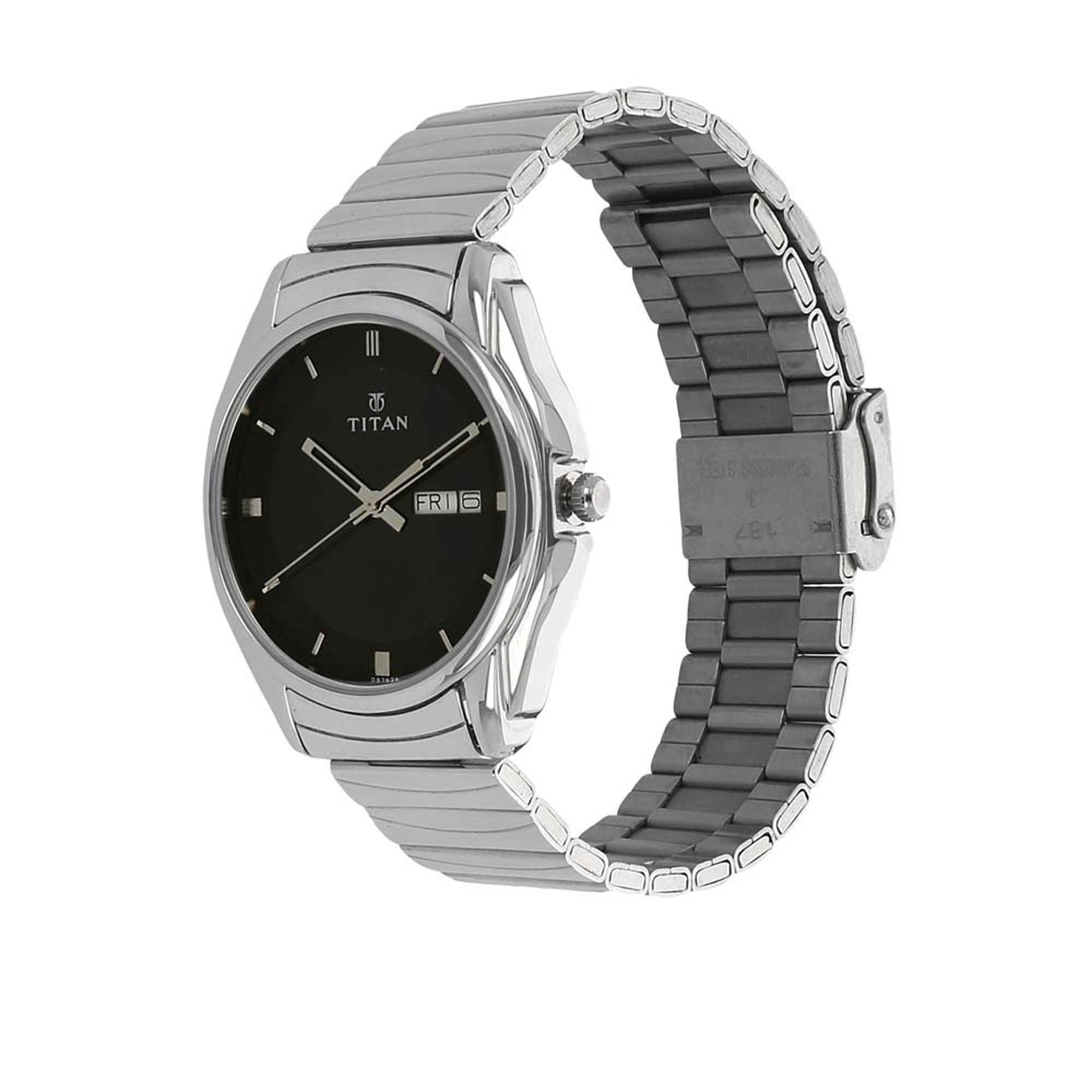 Titan Quartz Analog with Day and Date Black Dial Stainless Steel Strap Watch for Men