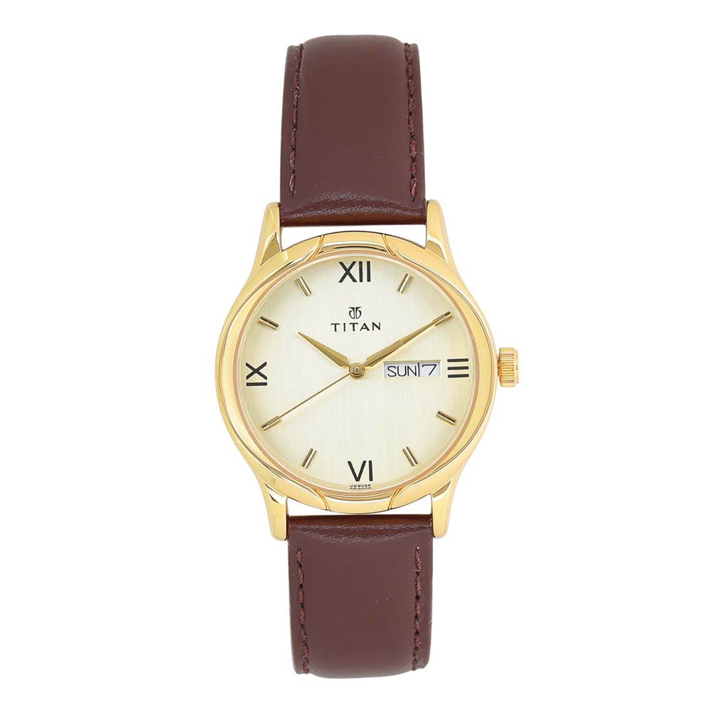 Titan Champagne Dial Analog Day and Date Leather Strap watch for Men