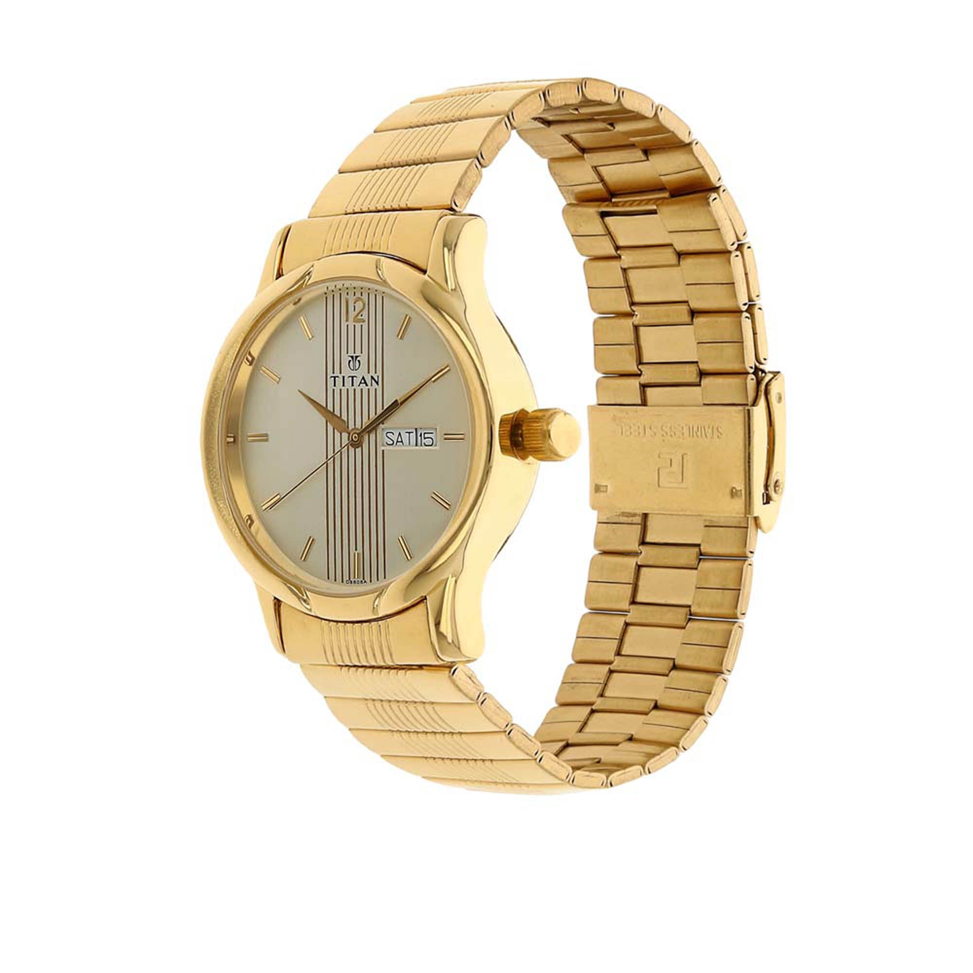 Titan Analog with Day and Date Champagne Dial Metal Strap watch for Men