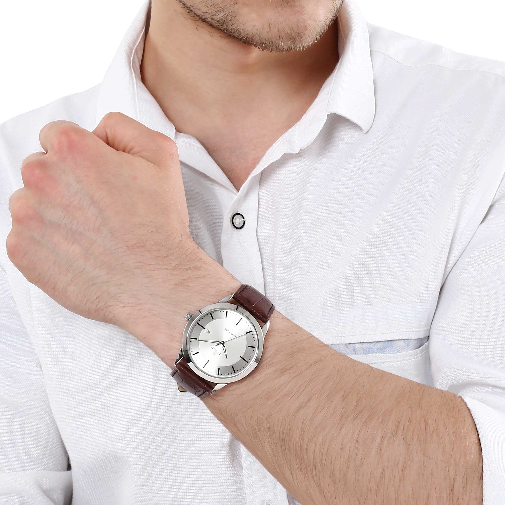 Titan Classique Silver Dial Analog with Date Leather Strap watch