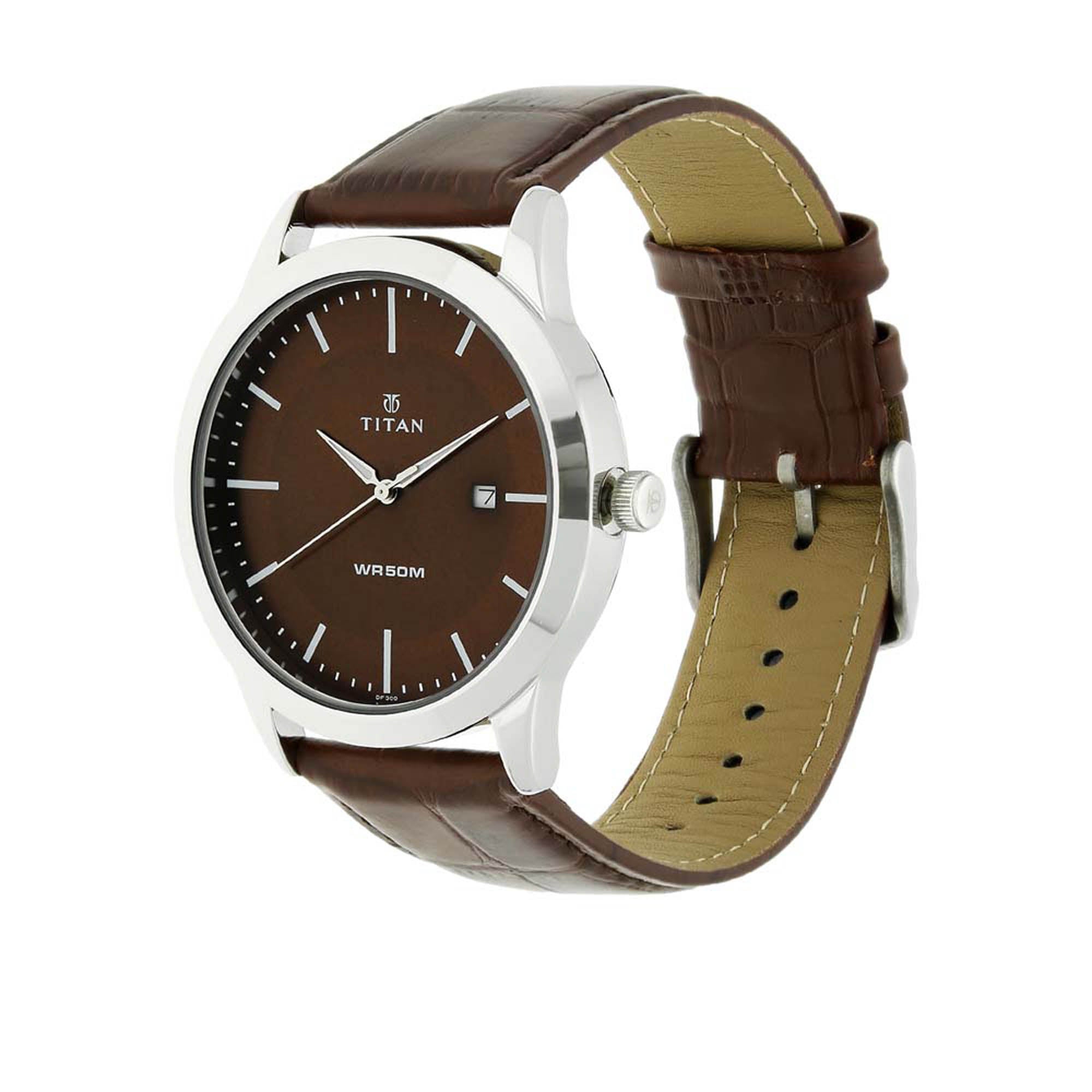 Titan Quartz Analog with Date Brown Dial Leather Strap Watch for Men